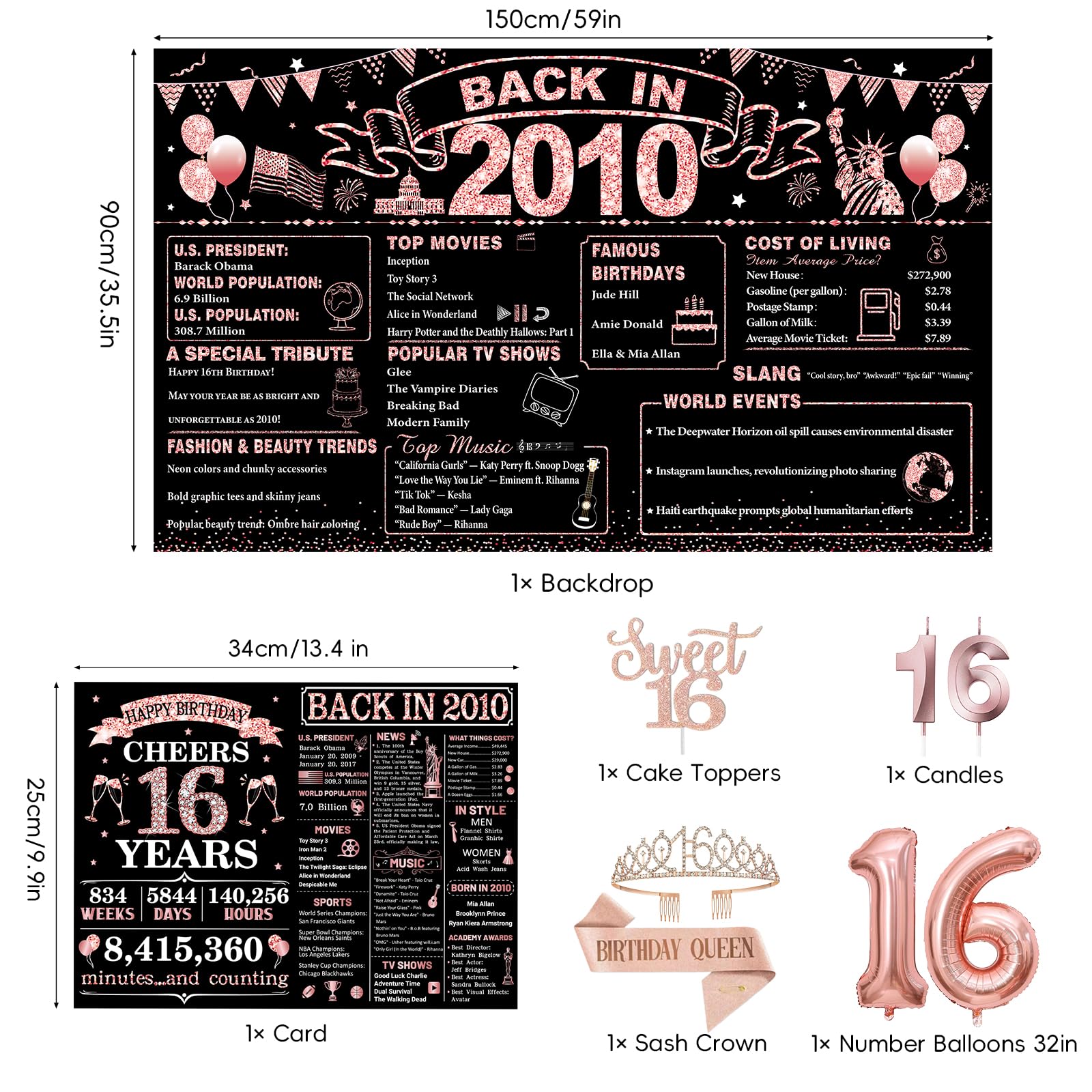 Sweet 16 Party Decorations for Girls, Black Rose Gold 16th Birthday Decorations Set with Back in