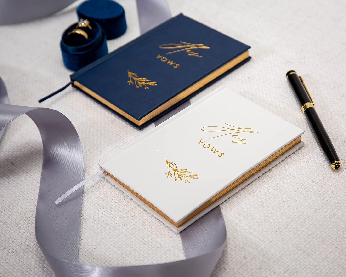 MUUJEE Hard Cover Vow Books (Set of 2) - Foil Embossed Wedding Ceremony Vow Renewal Speech Books, Couple Gifts for Engagement (His Her (Navy & White))