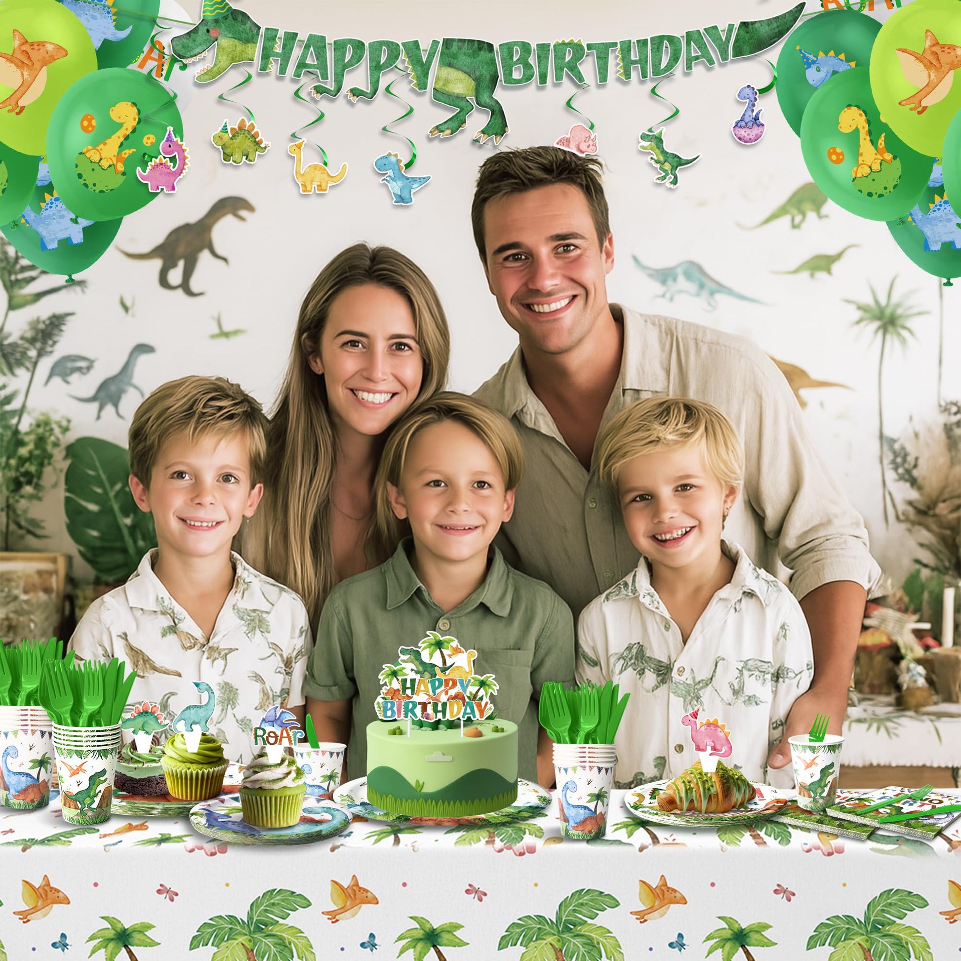 189 Pcs Dinosaur Birthday Party Supplies Set - Serves 24, Dino Decorations Kit with Banner