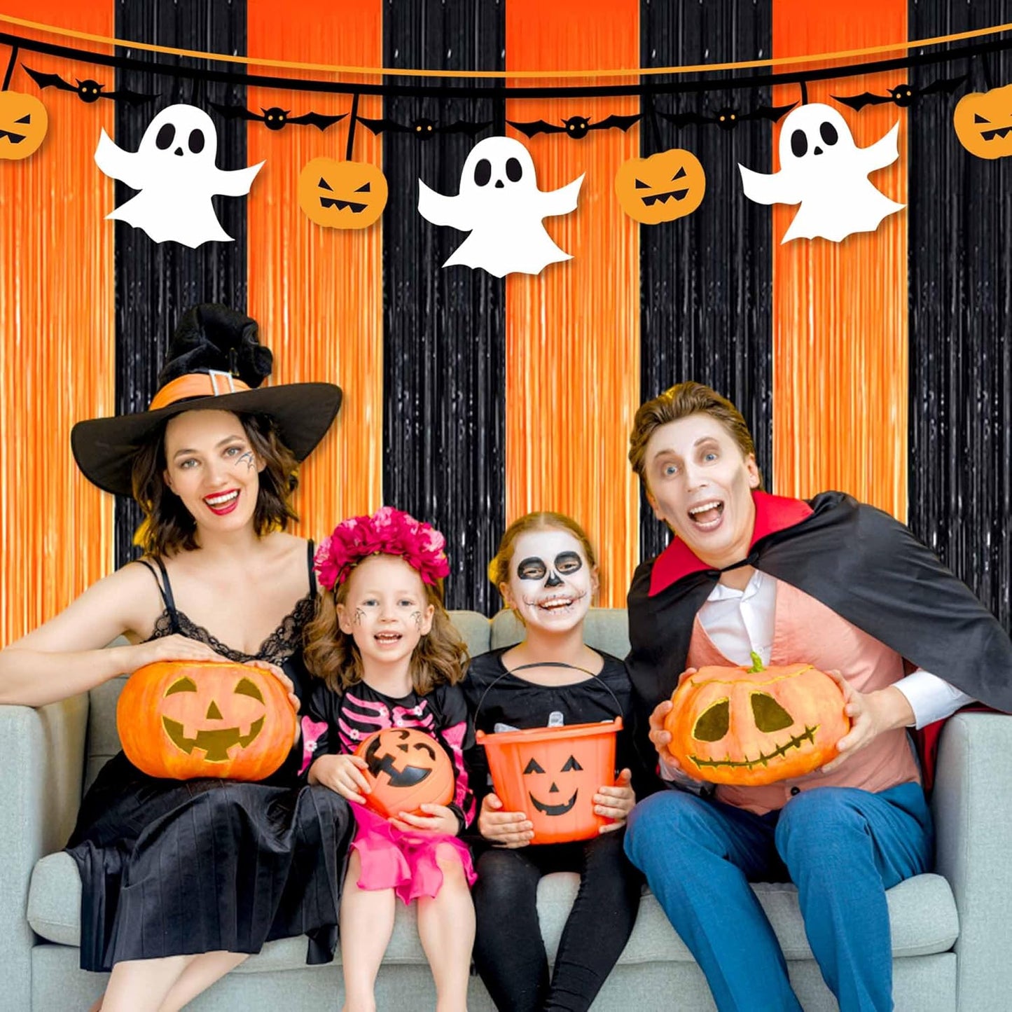 3 Pack Black Orange Foil Fringe Curtains Backdrop, 3.28 x 9.8 Ft Metallic Streamers Tinsel Curtains Background for Photo Booth, Birthday, Halloween, Christmas, Thanksgiving, New Year Party Decorations