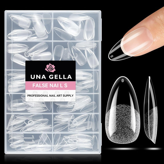 UNA GELLA Almond Nail Tips 216pcs Medium Almond Press on Nails Pre-shape Gel Fake Nails for Full Cover Acrylic French False Nails For Nail Extension, DIY Salon 12 Sizes Gelly Tips