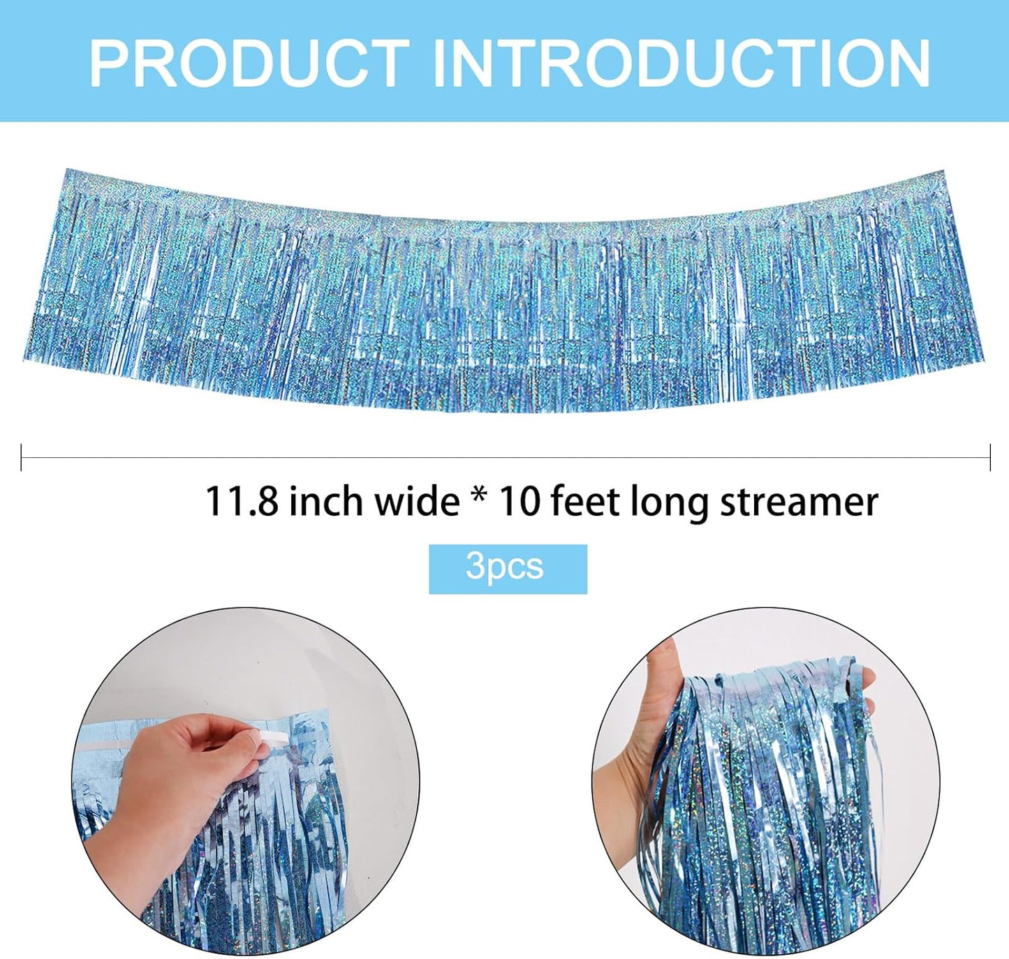 BEISHIDA 3 Packs Metallic Foil Fringe Garland Laser Light Blue Wall Hanging Tinsel Fringe Banners for Car Floats Bridal Shower Wedding Birthday Easter Graduation Holiday Party Decoration(30 Feet)