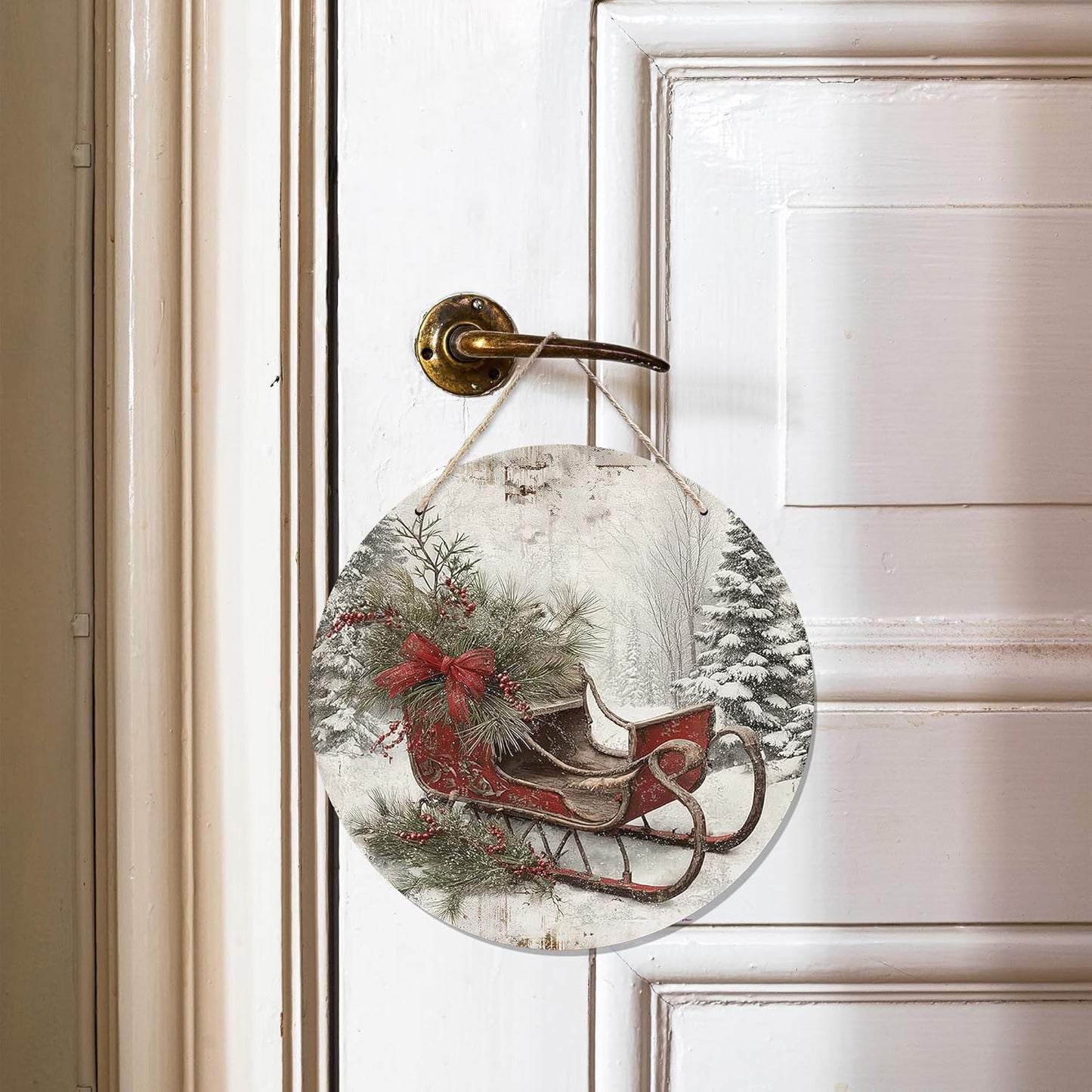 CGBHW Christmas Winter Sleigh Wooden Sign, Vintage Farmhouse Country Cozy Winter Xmas Hanging Sign Wall Decor for Home Bedroom Living Room, Holiday Snowy Door Decor 12 x 6 Inch
