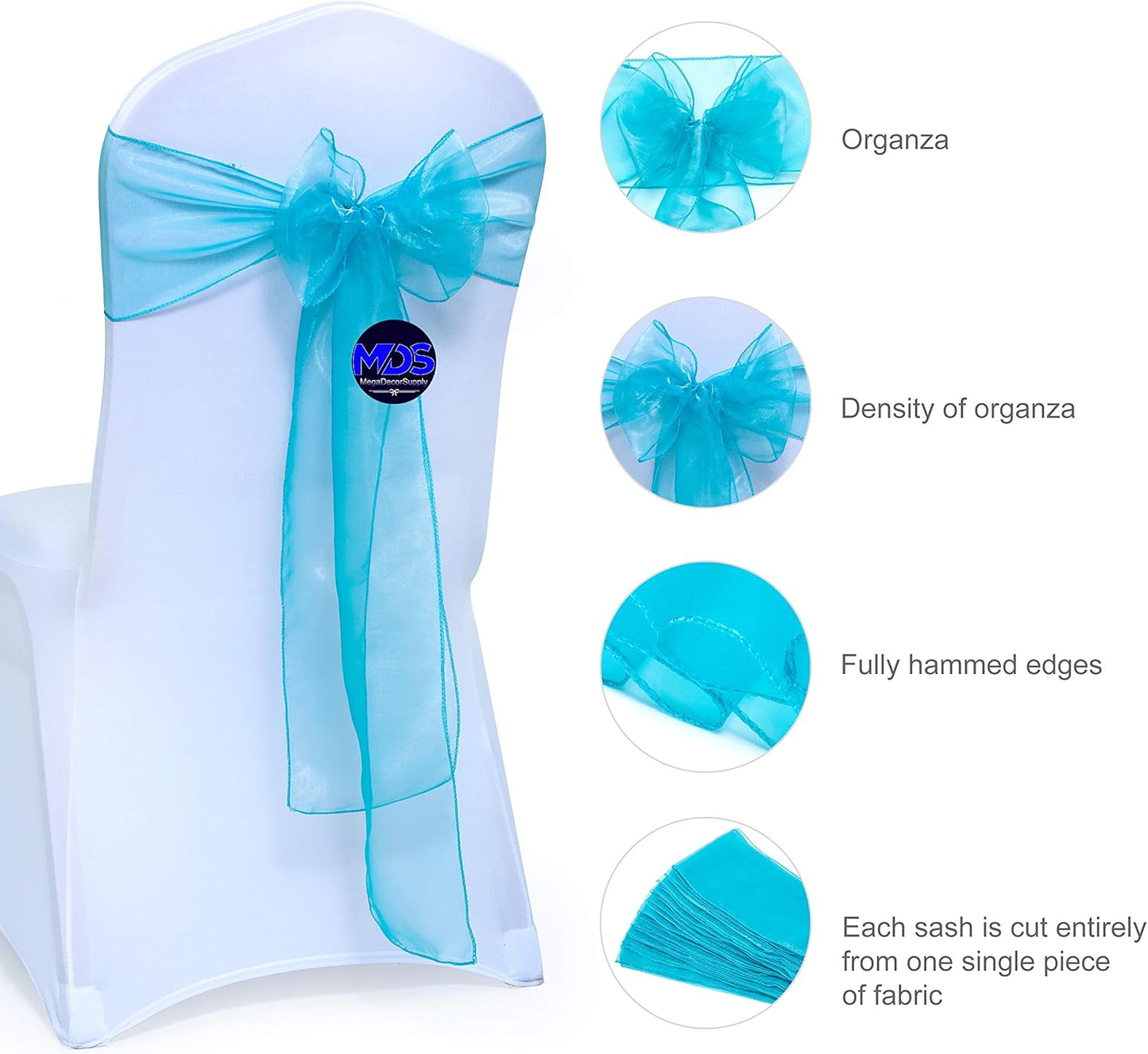 MDS Pack of 100 PCS Organza Chair Sashes Wider Dining Chair Bows Ribbon Tie Back for Wedding Party Birthday Bridal Shower Reception Event Banquet Home Chair Cover Decoration - Light Teal