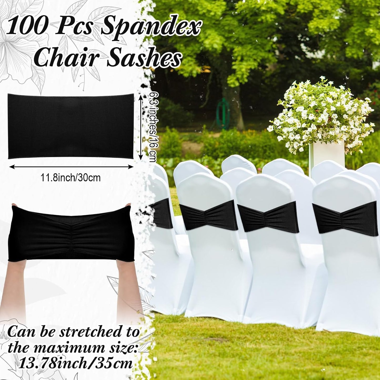 Moukeren 100 Pcs Spandex Chair Sashes Bows Bands Slider Sashes for Chair Covers Elastic Bands Ties Ribbon Decorations for Wedding Party Events Ceremony Birthday Banquet(Black)