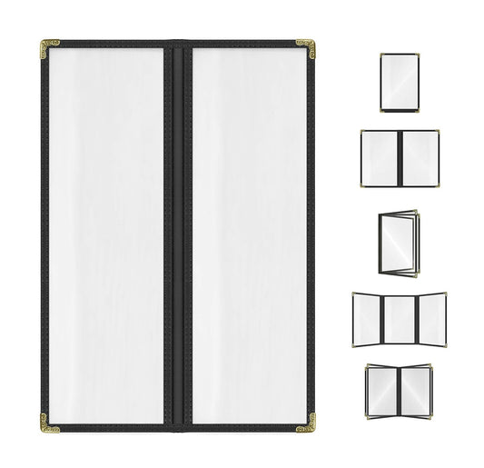Goodsmart Restaurant Menu Covers - 25 Pack Black 2 Pages / 4 Views 4.25" x 14", Top-Loading Vinyl Menu Holders with Clear Sleeves, Double-Stitched Edge, Leather-Style Café Covers with Gold Corners