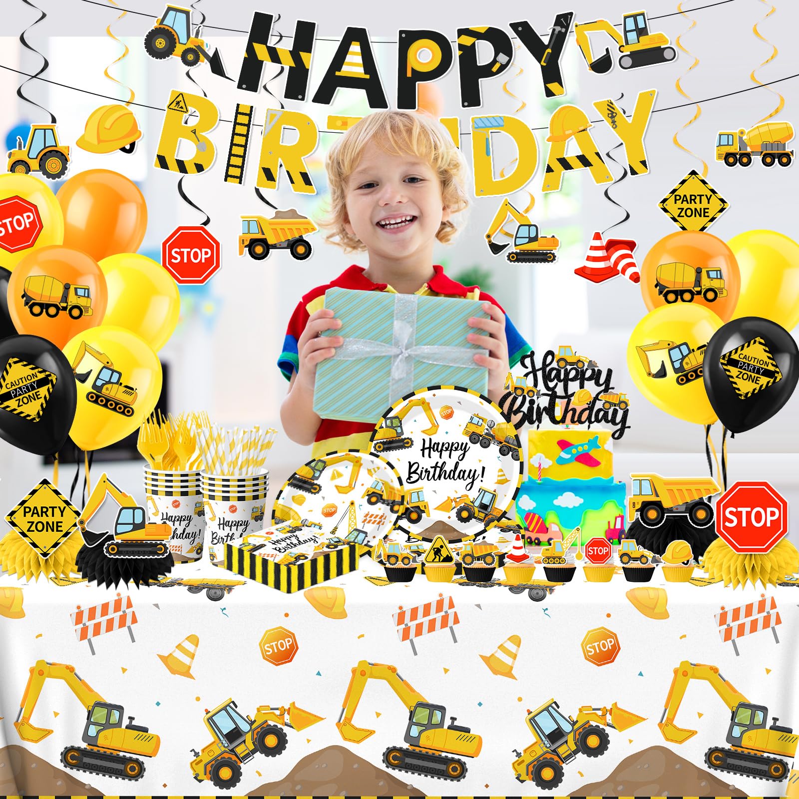 Construction Birthday Decorations,245PCS Construction Birthday Party Supplies-Includes Plates
