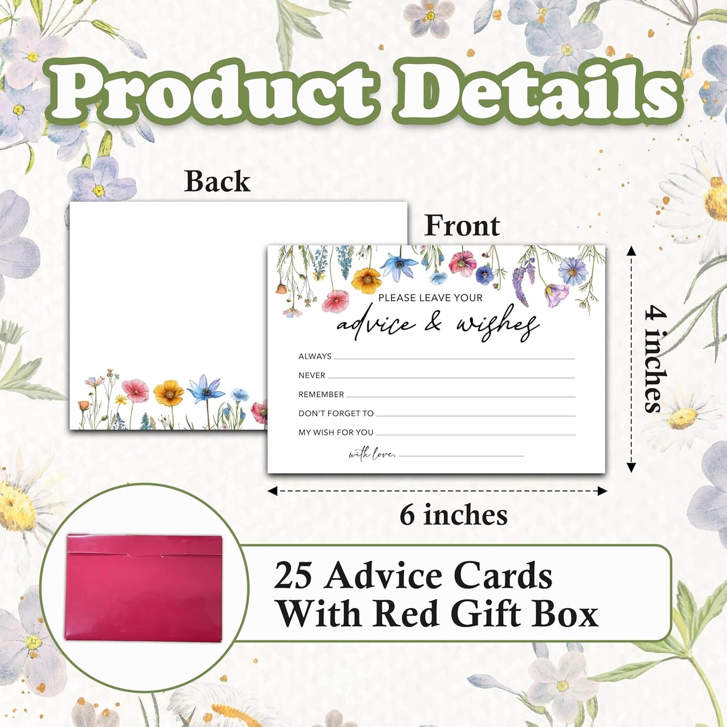 Advice And Wishes Cards (25pcs), Wildflowers Advice Cards For Mr And Mrs, Bride And Groom, New Parents, Bridal Shower, Baby Shower, Engagement, Wedding, Bachelorette Party Games Decor -A05