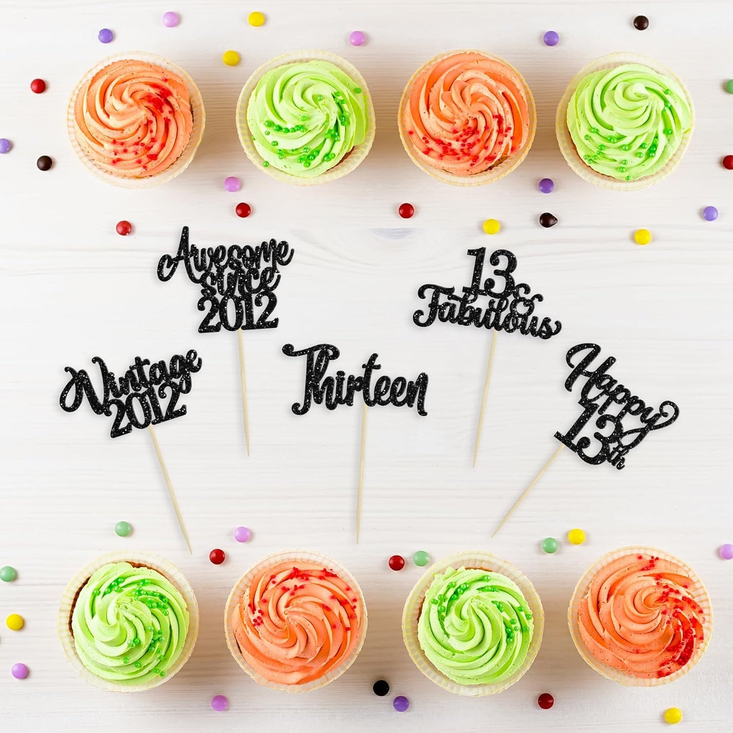 30Pcs Happy 13th Birthday Cupcake Toppers Glitter Thirteen Vintage 2012 Cupcake Picks Cheers to 13 Fabulous Cake Decorations for 13th Birthday Wedding Anniversary Party Supplies Black