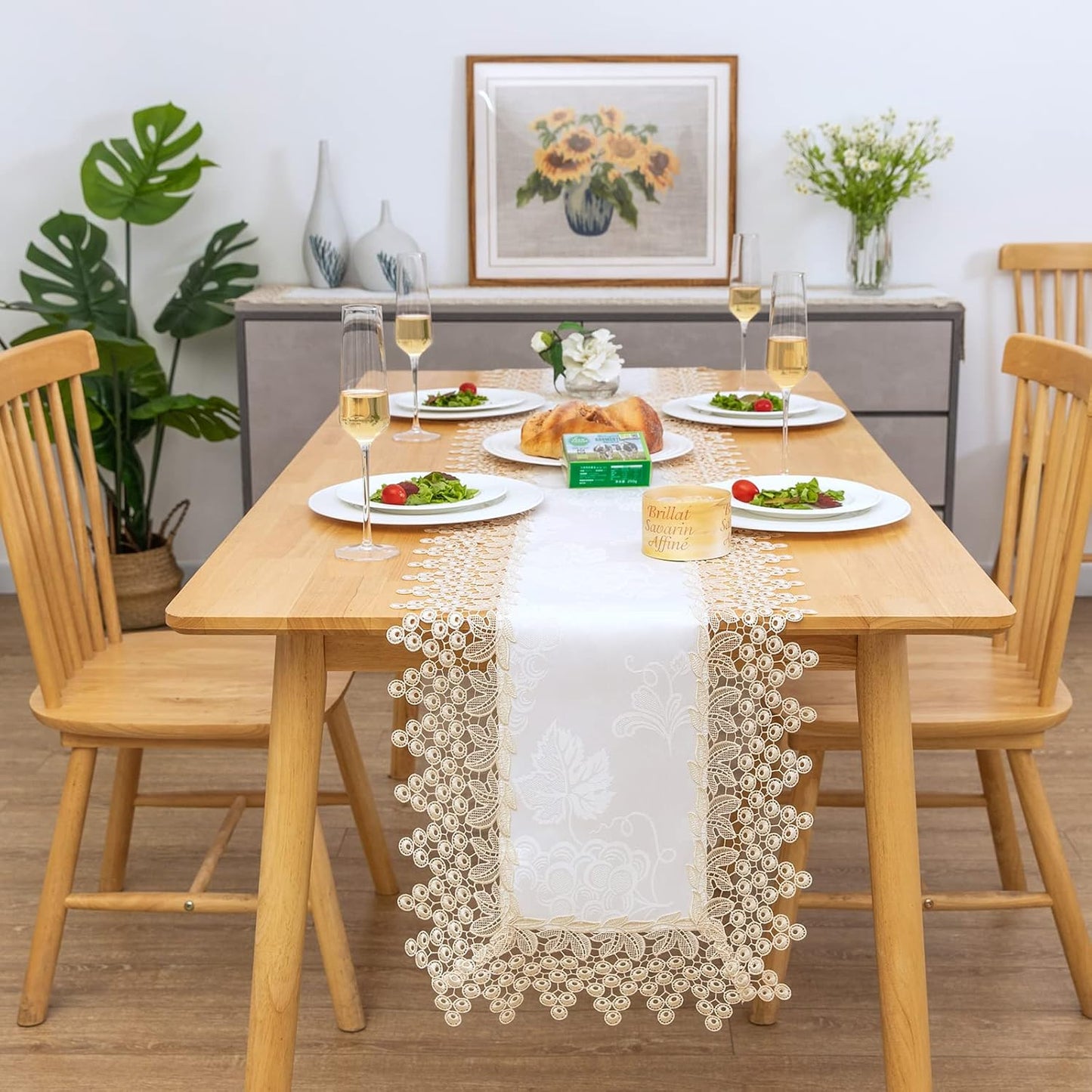 Beige lace Premium Rectangle Farmhouse Table Runner Waterproof OilProof SpillProof AntiShrink Soft Wrinkle Resistant Decorative Fabric Table Cover Kitchen Dinning Party Wedding Banquet