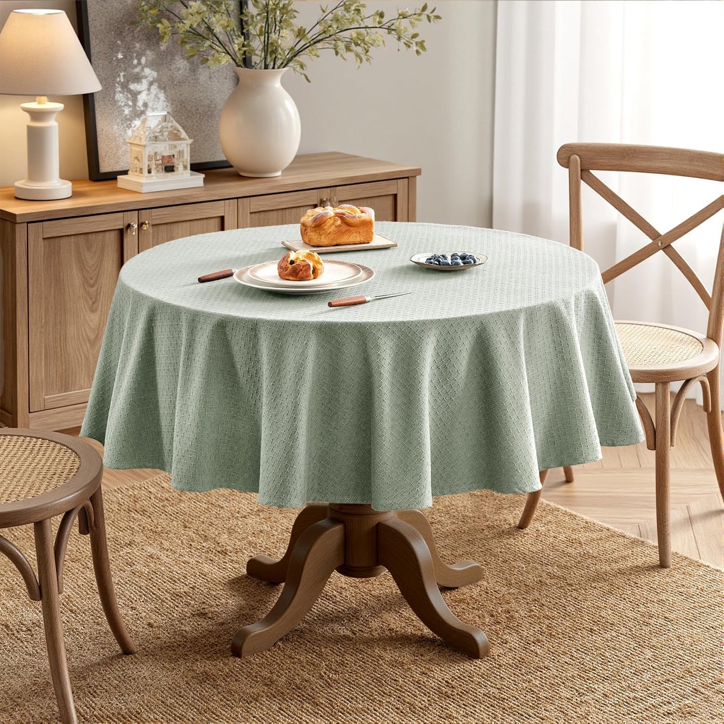 MIULEE Sage Green Linen Cottton Table Cloth Round Tablecloth Waterproof Spillproof Cross-Star Textured Table Cltoth Decorative Farmhouse Style for Dining Party Weddings 60 Inch