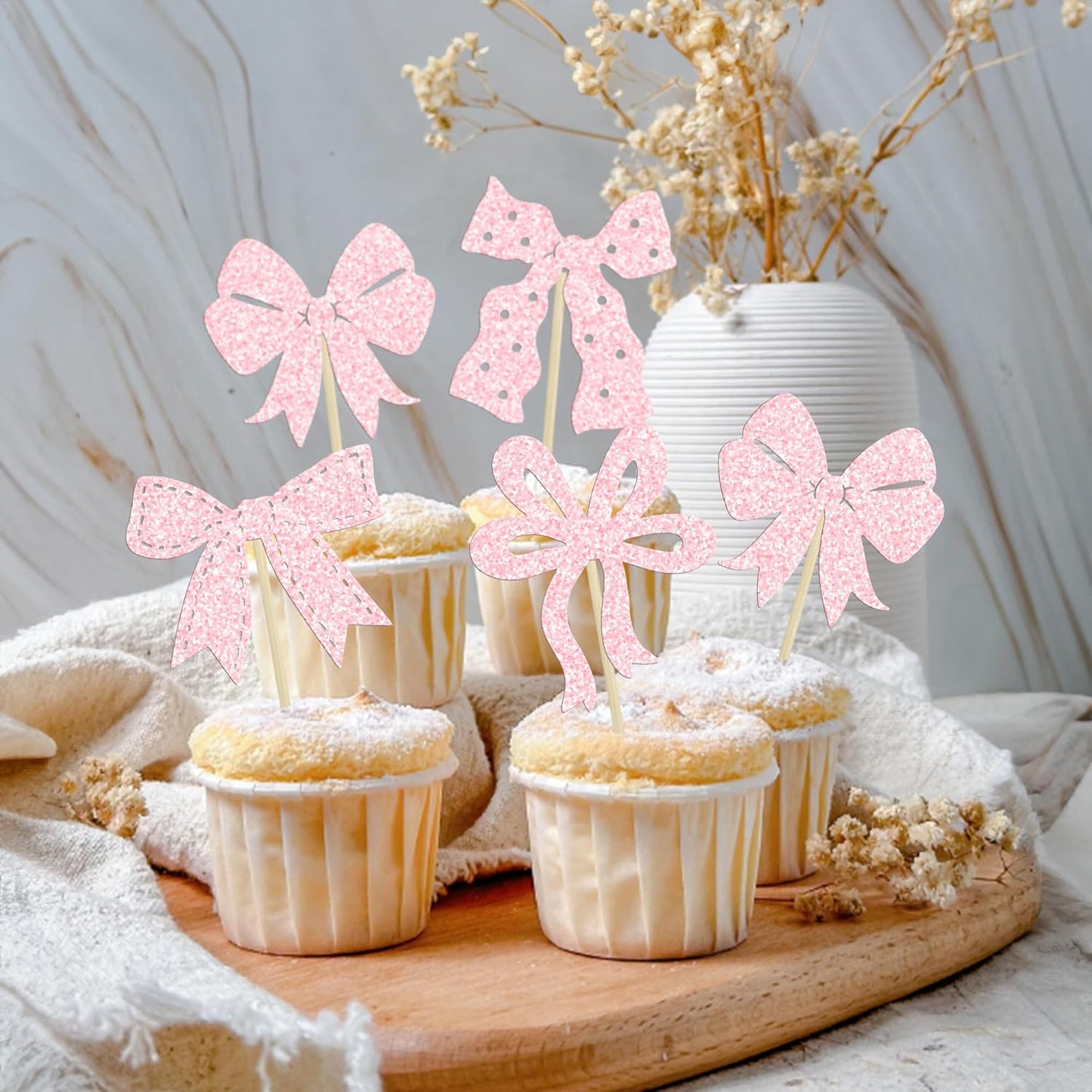 Ephlyn 24Pcs Light Pink Bow Cupcake Toppers - Bowknot Cupcake Decorations for Bridal, Baby Shower, Wedding Themed Party