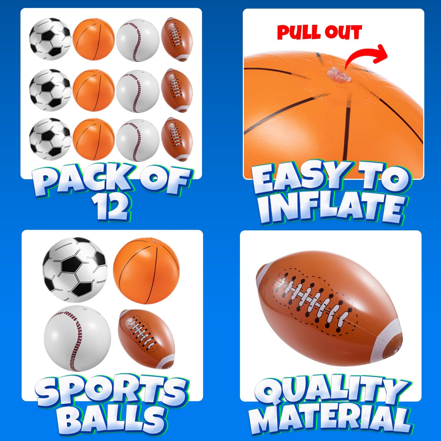 16" Inflatable Sports Beach Balls Variety Pack (12 Pcs) - 3 of Each Sport