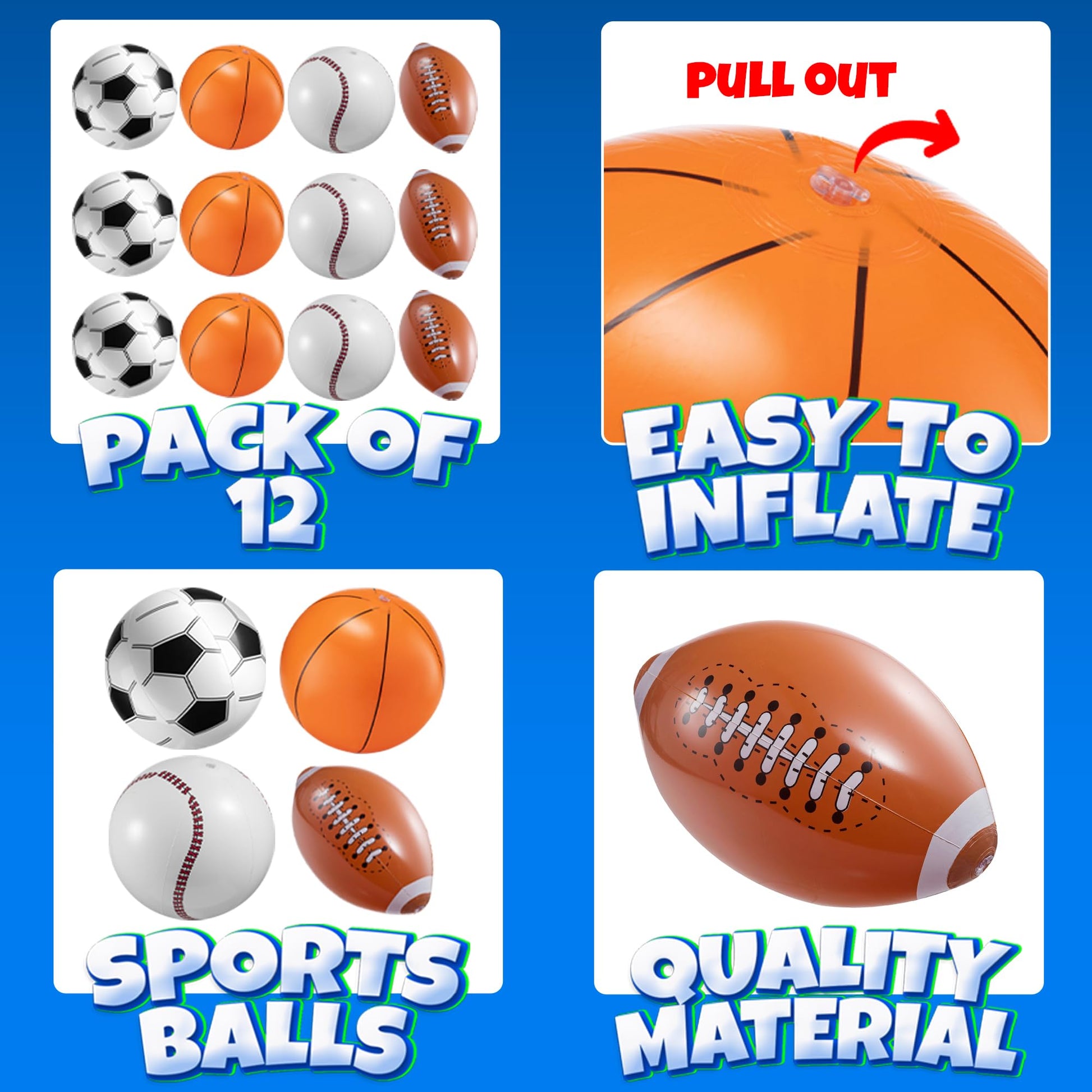 16" Inflatable Sports Beach Balls Variety Pack (12 Pcs) - 3 of Each Sport