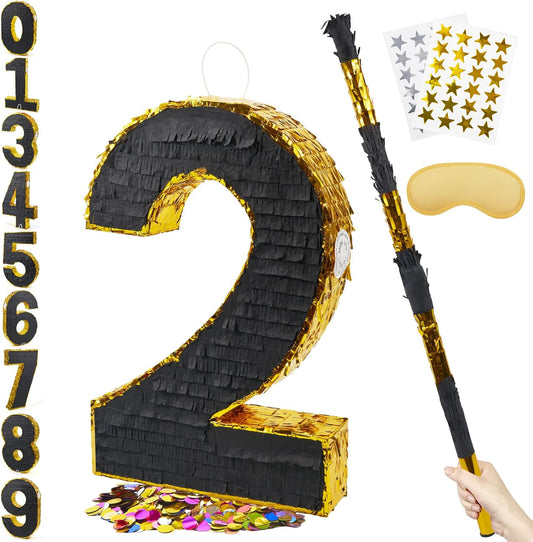 PCFING 20 Inch Number 2 Piñata Gold Black with 30 Inch Piñata Stick Blindfold Confetti for Man Women Boys Girls Birthday Party Decorations, Anniversary Celebration, Fiesta
