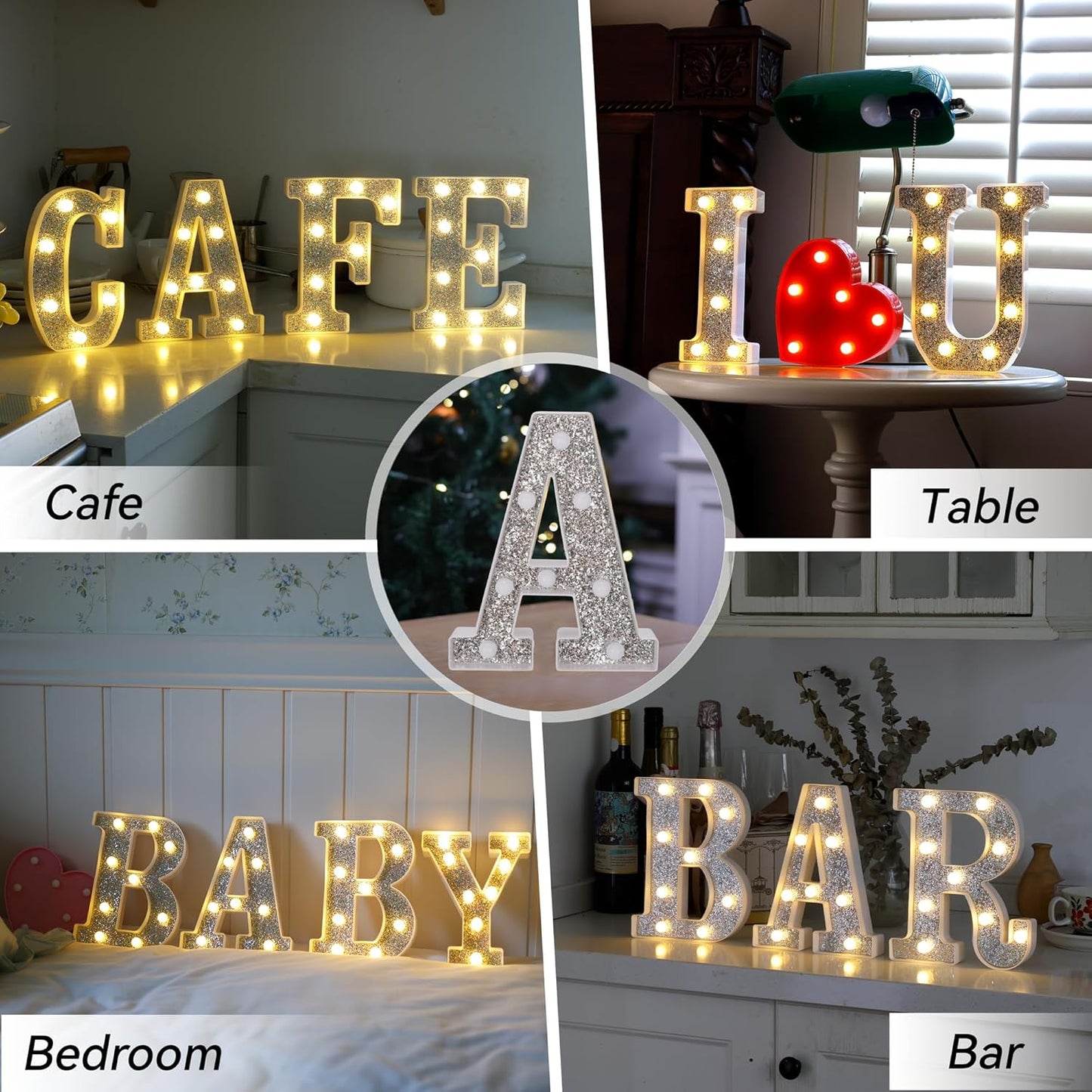 Marquee Light Up Letters, Glitter Silver LED Letter Lights Battery Powered Alphabet Letter Sign for Night Light Wedding Birthday Party Cafe Bar Decoration Girls Room Decor - C