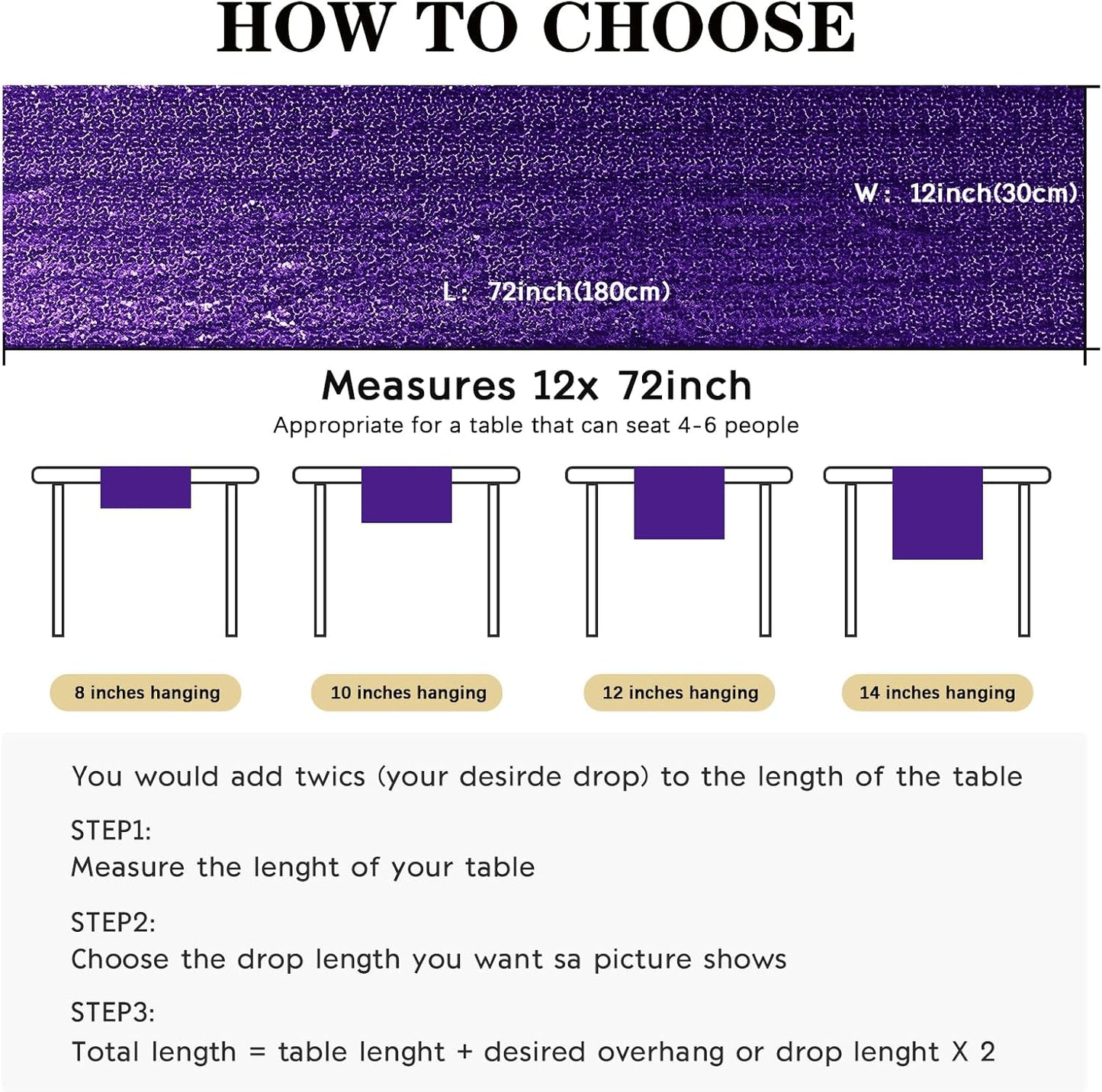 2 Packs 12 x 72 inches Sequin Table Runner, Purple Glitter Table Runner for Birthday Party Supplies Wedding Engagement Baby Shower Holiday Celebration Event Decorations