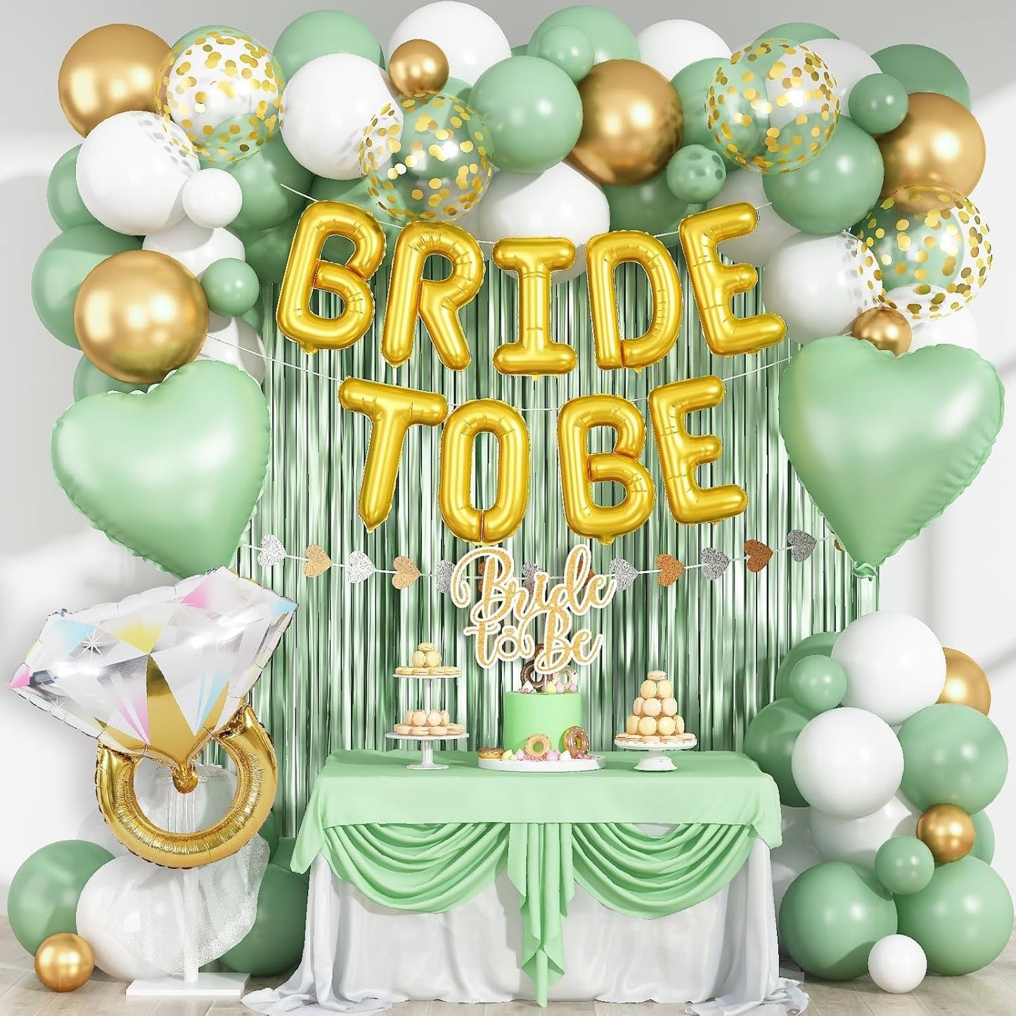 Sage Green Bachelorette Party Decorations, Bride To Be Helium Mylar Foil Letter Balloons with White Gold Camp Latex Balloons and for Bridal Shower Decoration Engagement Hen Wedding Party Decor