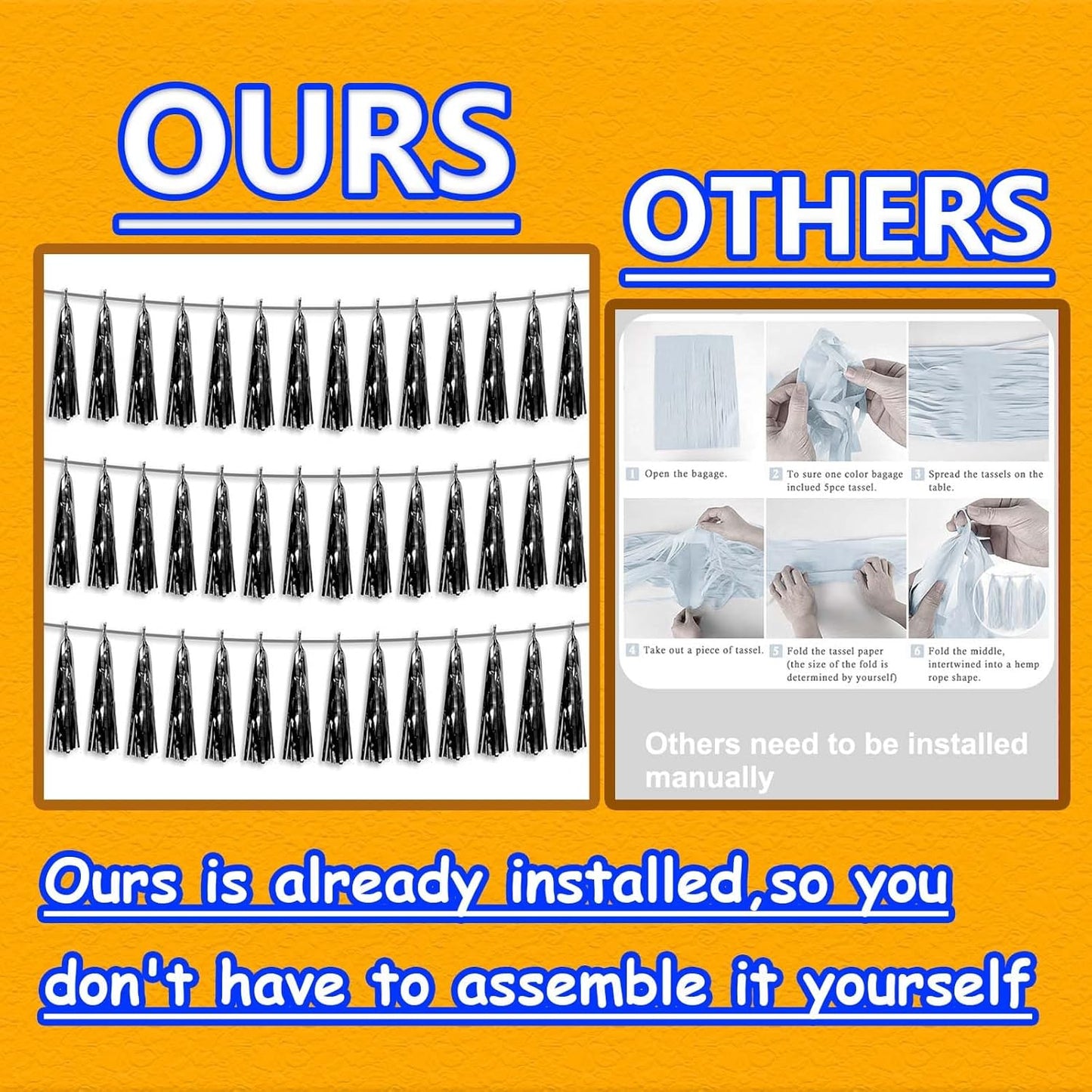 3P Metallic Fringe Tassel Banner Garland Foil Tinsel Streamer Wall Hanging Curtain Backdrop Banners for Parade Floats, 2024 Graduation Decorations, Father’s Day Party Decoration(Black)