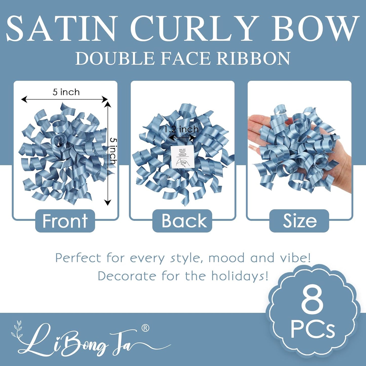 5'' Dusty Blue Bows Curly Ribbon Bows for Gift Wrapping, Satin Bows with Double-Sided Tape, Self Adhesive Bows for Party, Wedding, Birthday Decor, Premade Bows for Crafts, Wine Glasses-8 PCs