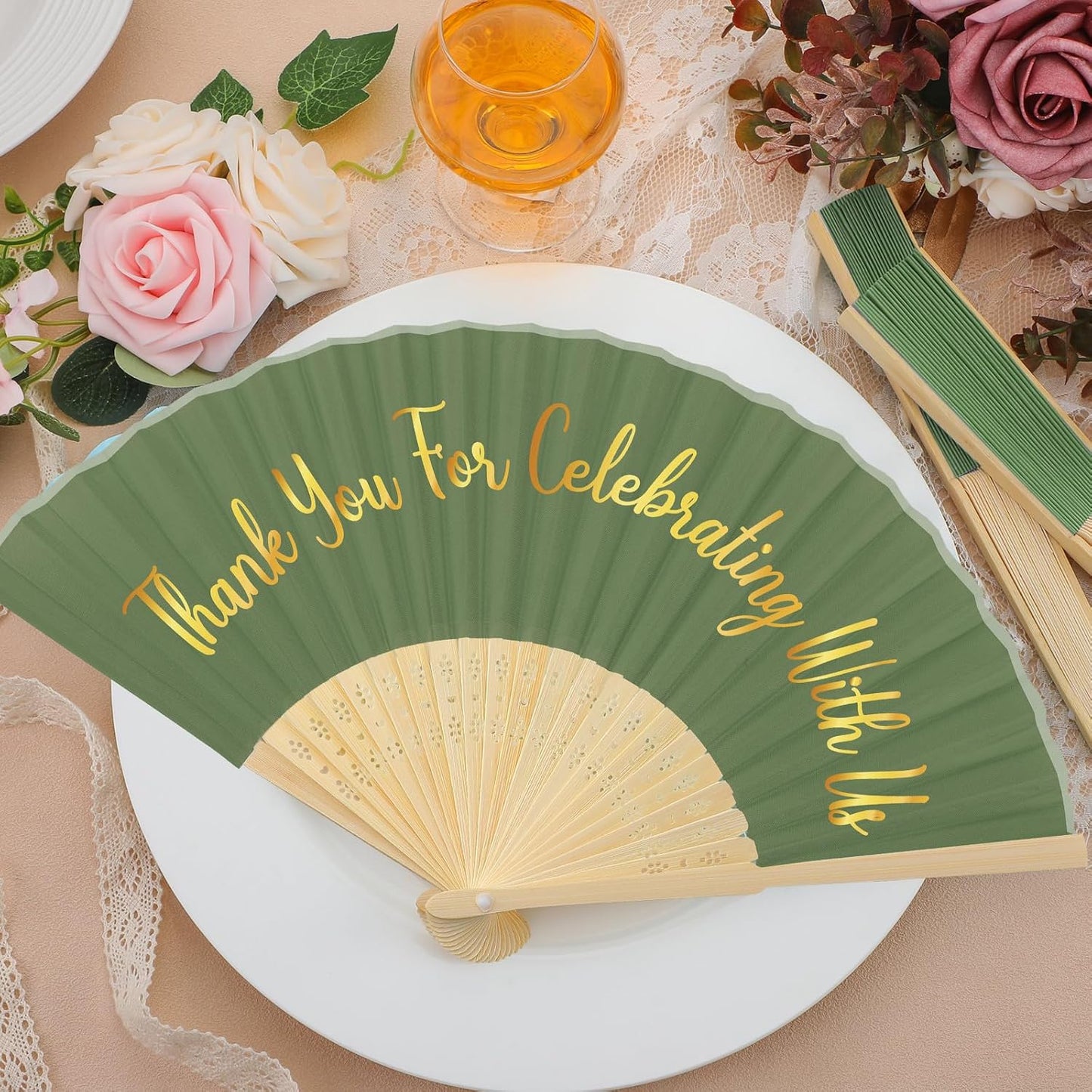 Jetec 50 Pcs Wedding Fans for Guests Bulk Silk Hand Fans Handheld Folded Thank You for Celebrating with Us Wedding Favors for Bridal Bridesmaid Baby Shower Dancing Party Church Gift(Dark Green)
