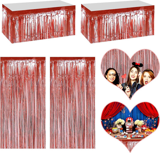 4P Metallic Foil Fringe Tinsel Table Skirts for Rectangle Tables Backdrop Banner Streamer Garland Curtains for Parade Floats Wedding Graduation Anniversary Birthday Parties Decoration (Rose Gold)