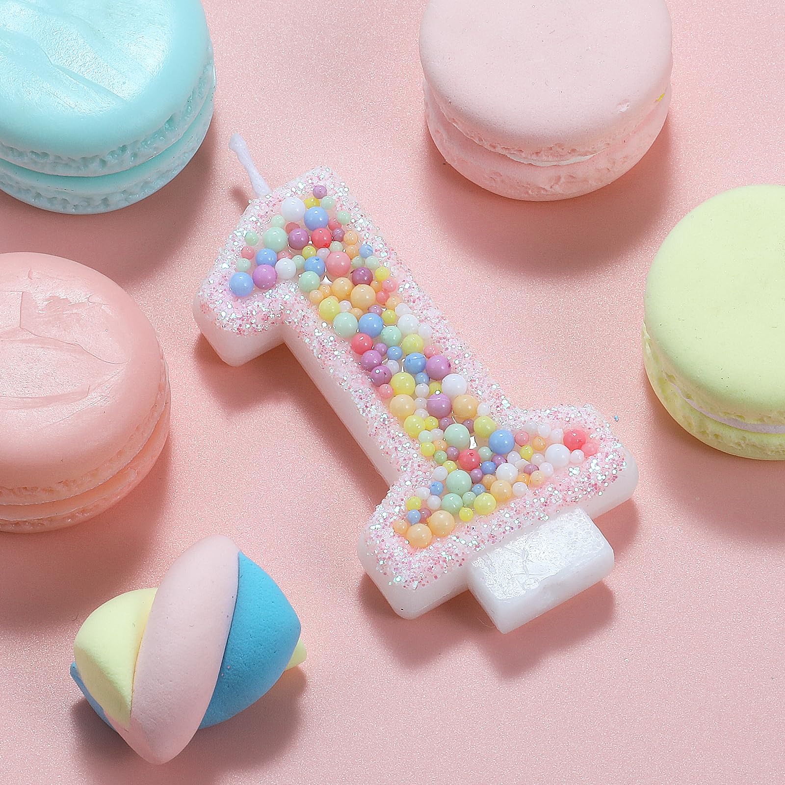 IDIJOLI Pastel Macaron 1st Birthday Candle Sweet Pink Number 1 Candle Cake Topper Cupcake