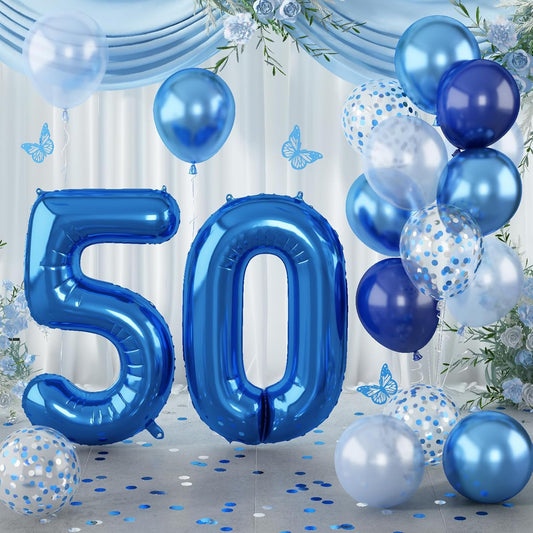 50th Birthday Balloon for Boys, Foil 40 Inch Self Inflating Balloon Number 50 Metallic Dark Blue, Navy Blue 50 Mylar Large Balloon with Silver Confetti Latex Balloon for Men Birthday Party Decorations