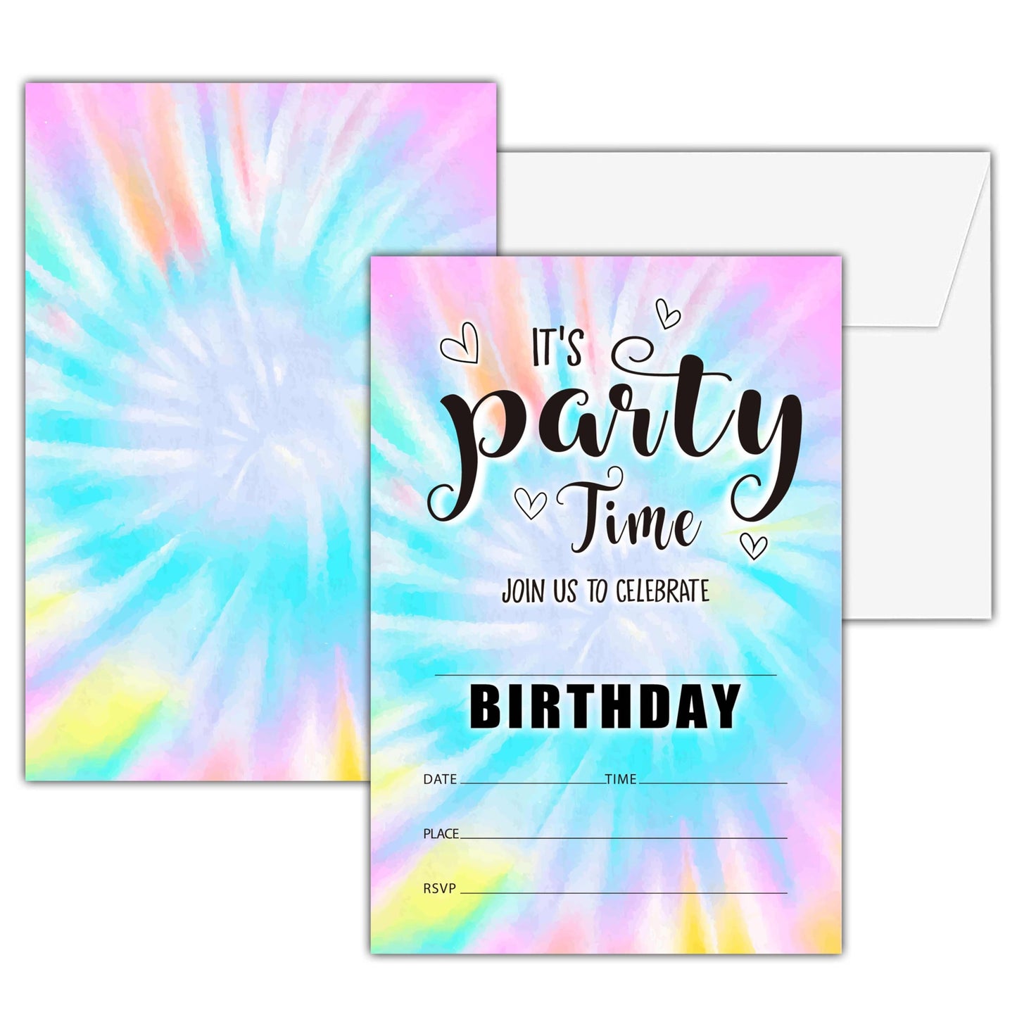 seclate Tie Dye Theme Birthday Invitations, 25 Double-Sided It's Party Time Invitation Cards with