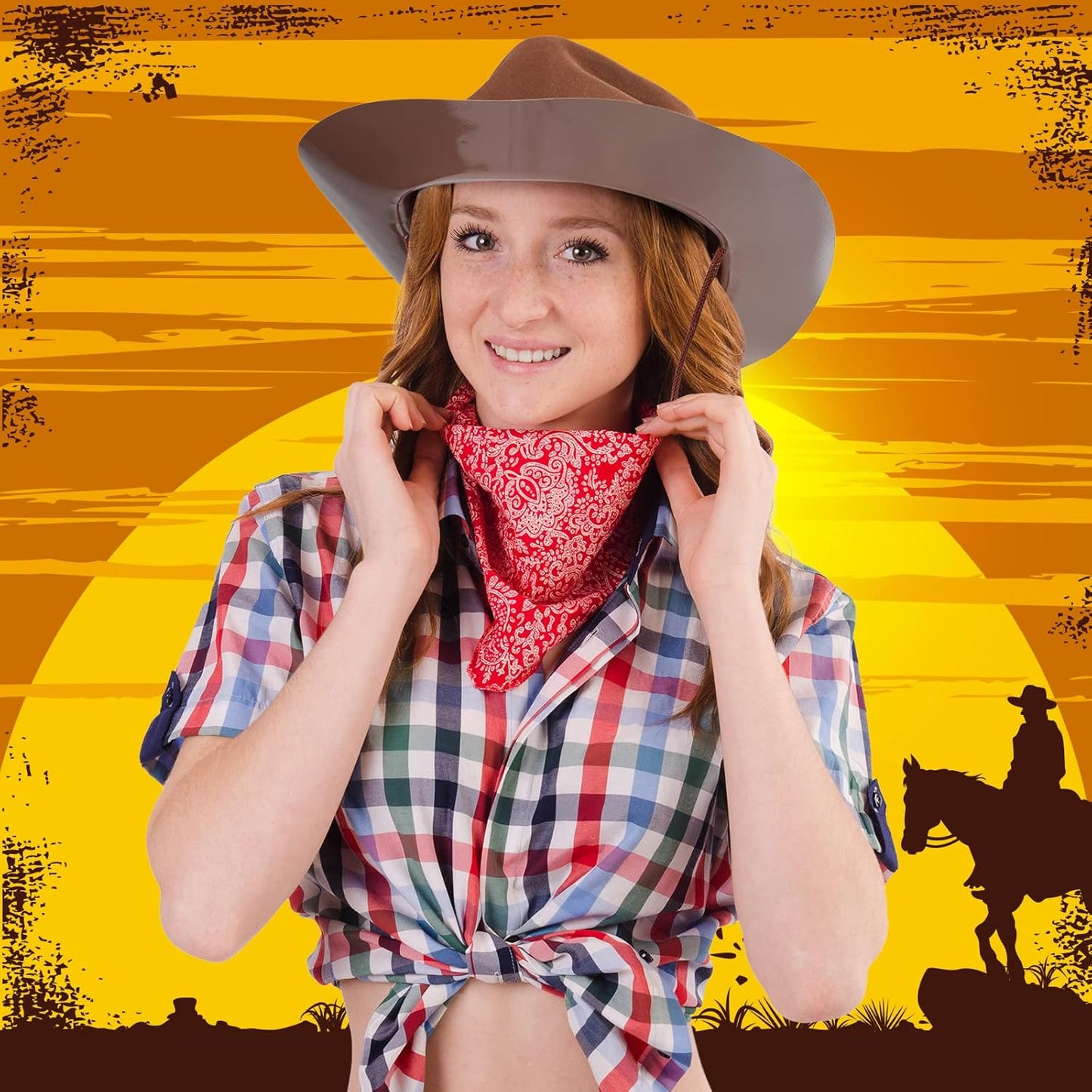 Mepase 24 Pieces Disposable Plastic Western Cowboy Hat Set Felt Wide Brimmed Cowgirl Hats for Men Women Costume Party(Brown)