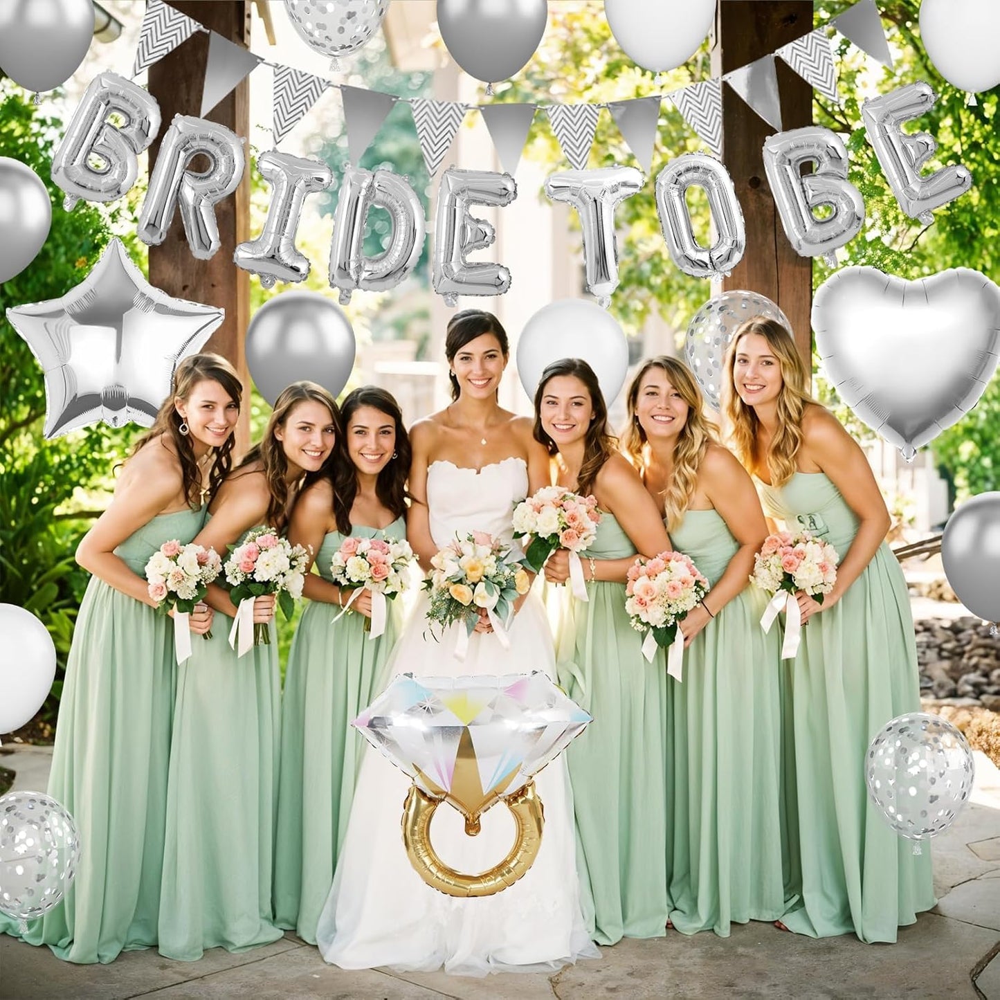 Silver Bachelorette Party Decorations, Silver Bride To Be Bridal Shower Balloons Decorations, Metallic White Balloon with Diamond Ring Star Heart Balloon for Bachelorette Engagement Wedding