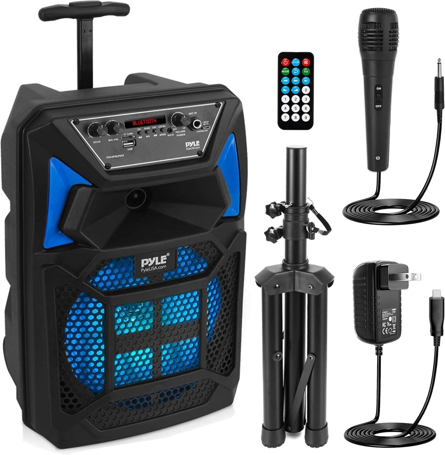 Pyle Bluetooth PA Speaker & Microphone System - Portable Karaoke Speaker with Wired Mic, Built-in LED Party Lights, FM Radio, MP3/USB/Micro SD Readers, Speaker Stand (8’’ Subwoofer, 400 Watt MAX)