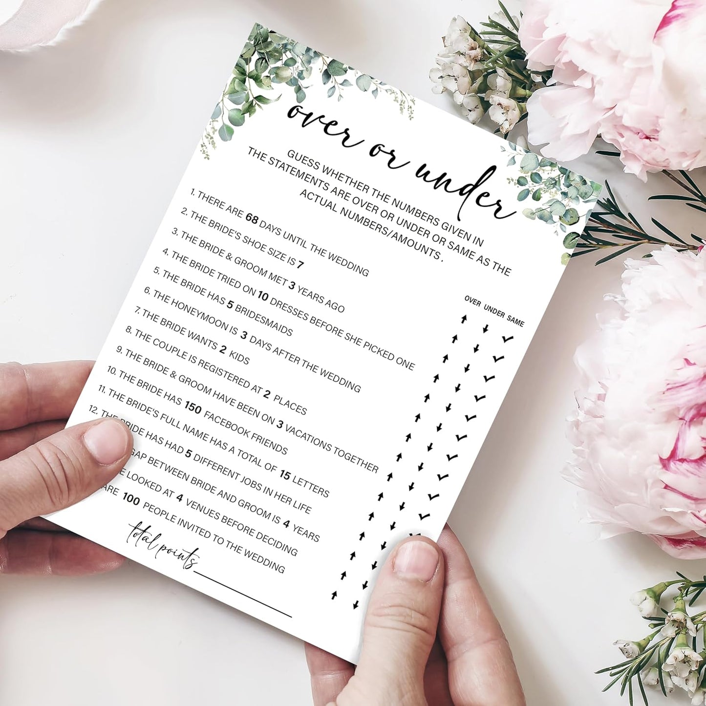 Eucalyptus Bridal Shower Game Cards - Over or Under, Wedding Engagement Bachelorette Party Bridal Shower Games for 30 Guests, Double Sided Cards Set of 30, Activity Supplies & Favor/A02