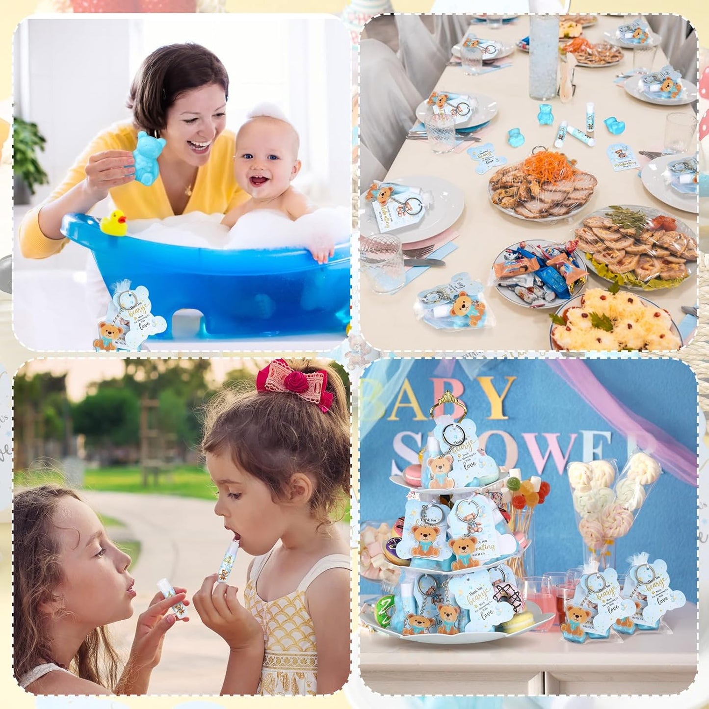 288 Baby Shower Favors Baby Shower Gifts Bulk Lip Balms Soaps Keychains Organza Bags Guest Appreciation Gift with Thank You Tags and Cards for Boys Girls Guest Gift(Blue,Bear)