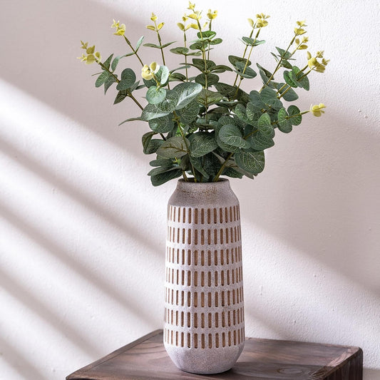 Rustic Ceramic Flower Vase, Terracotta Farmhouse Decorative Vintage Vases, Stone Clay Floral Vase, Concrete Grey Home Decor Vases for Living Room, Entryway, Kitchen, Bedroom, Bathroom Shelf 9.6 Inch