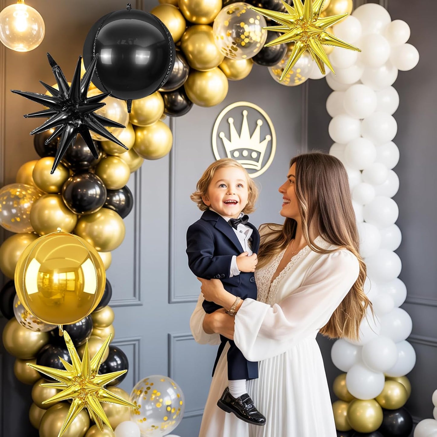 6Pcs Black Gold Foil Balloons,22Inch Gold Black 4D Round Ball Balloon and Explosion Star Balloon for Birthday Wedding Baby Shower Anniversary Graduation Decorations