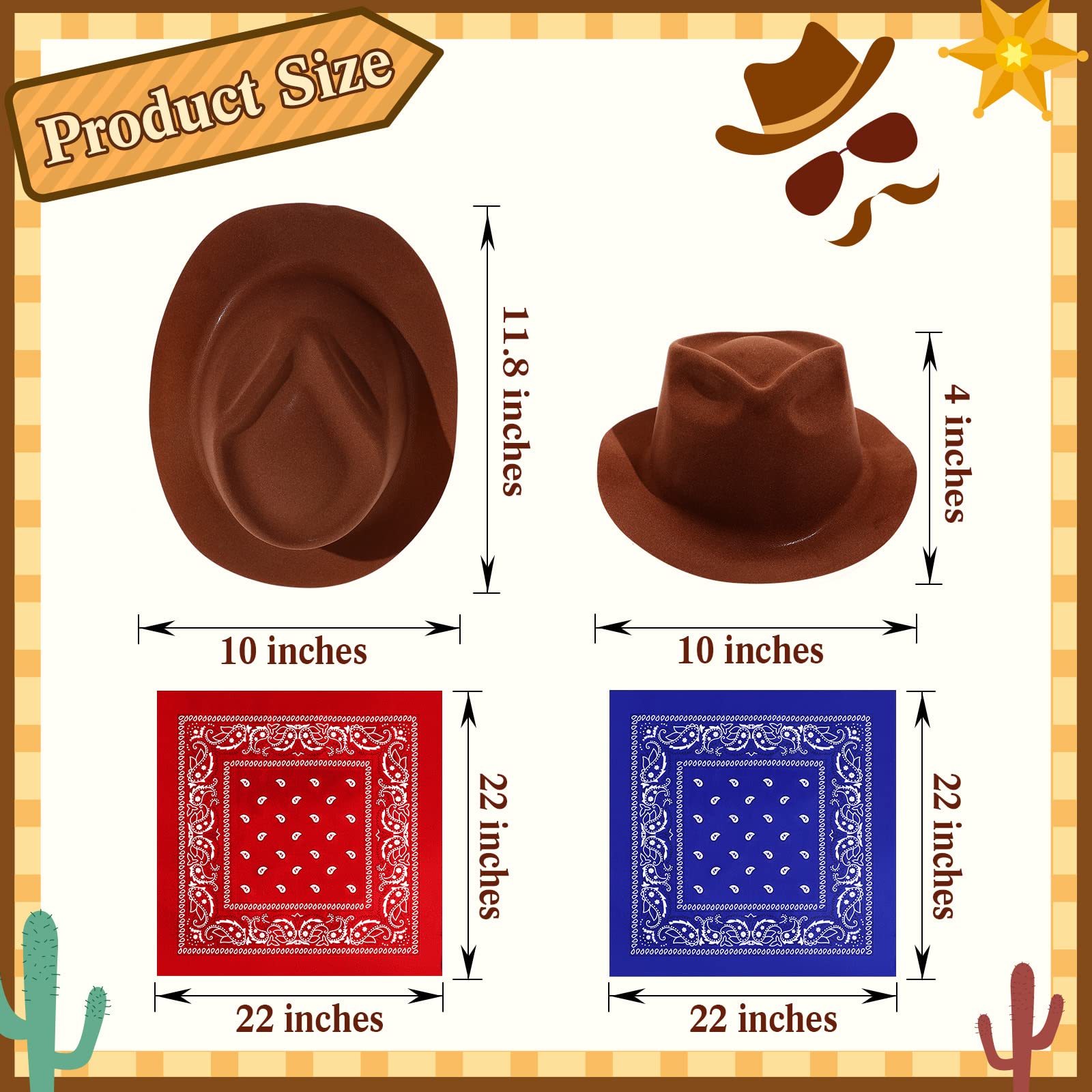 Haysandy 24 Pcs Western Cowboy Party Hats with Bandanas,Brown, Red, Blue