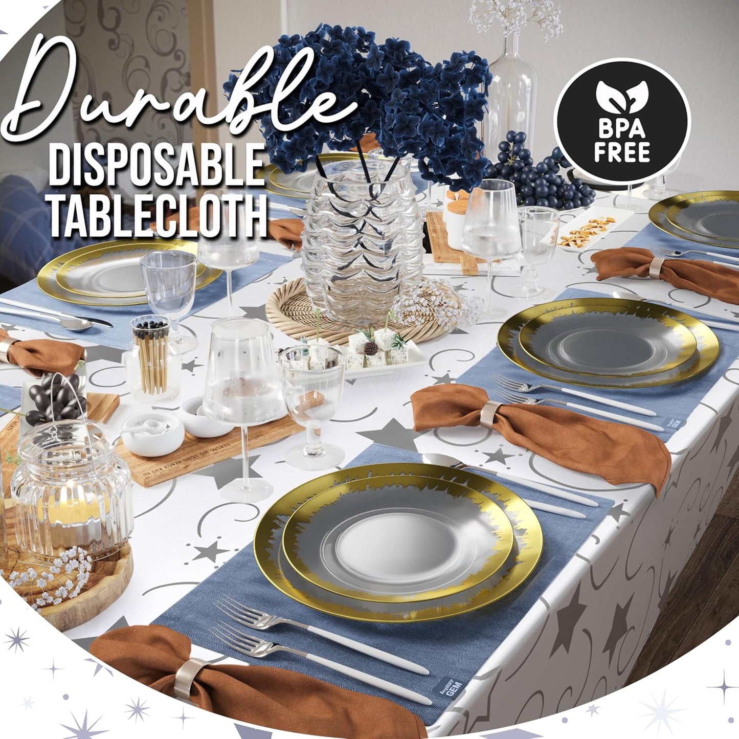 Exquisite Silver Star Tablecloth Plastic 12-Pack Disposable Rectangle Tablecloths 54" x 108" Silver Star Table Cloths Rectangle Table Covers Plastic Tablecloth for Party Decorations