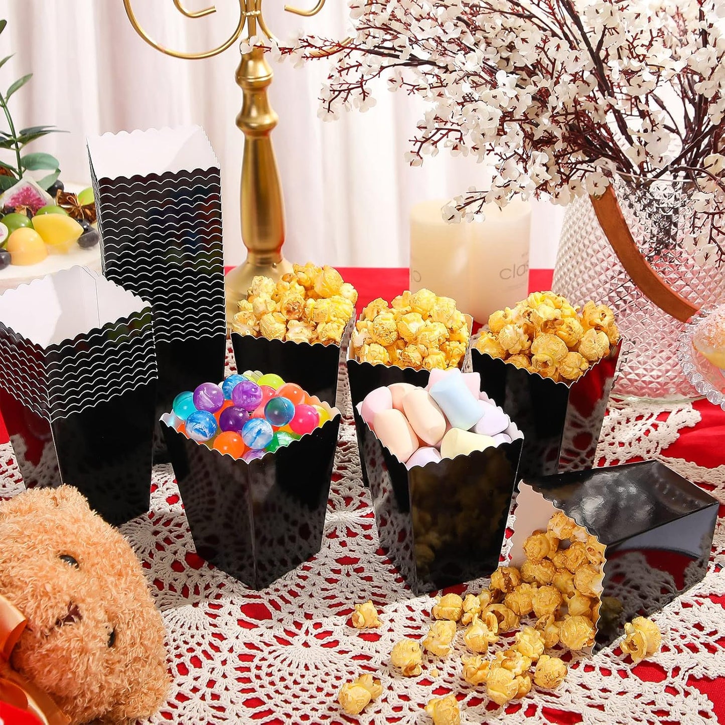 200 Pcs Popcorn Boxes Mini Paper Popcorn Box Cardboard Popcorn Container for Party Disposable Snack Candy Popcorn Bags Popcorn Holder for Birthday Wedding Decoration, 2.2 x 4.2 x 3 Inches (Black)