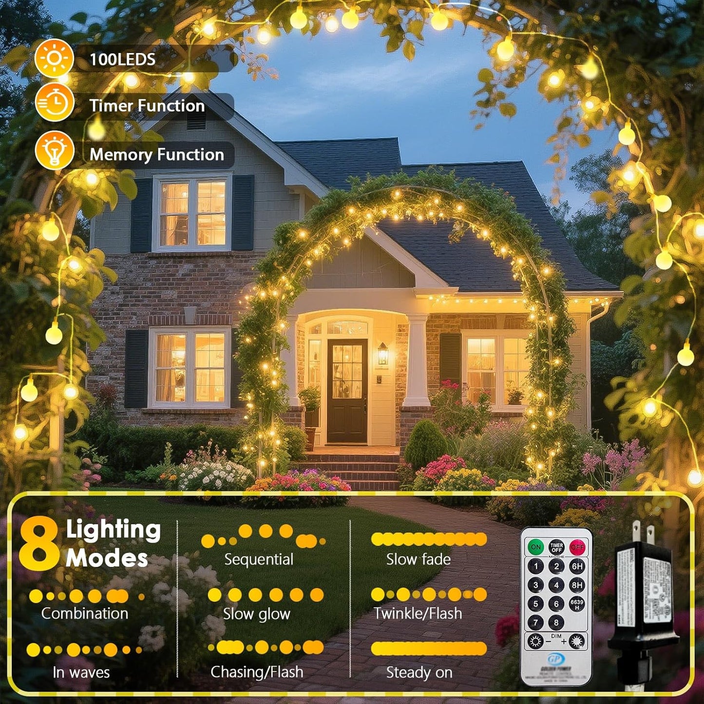 43FT 100LED Connectable Globe String Lights | 8 Modes Fairy Lights Plug in with Remote | Warm White Mini Globe Light for Indoor Outdoor Bedroom Wedding Party Garden Christmas Tree Decor