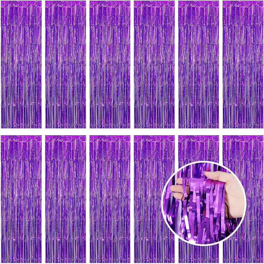 Purple Fringe Curtain Party Streamers, 12 Pack 3.3ft x 8.2 ft Foil Curtain Backdrop Tinsel Foil Fringe Curtains Photo Booth Backdrop Streamer for Birthday, Wedding, Baby Shower, Disco Party