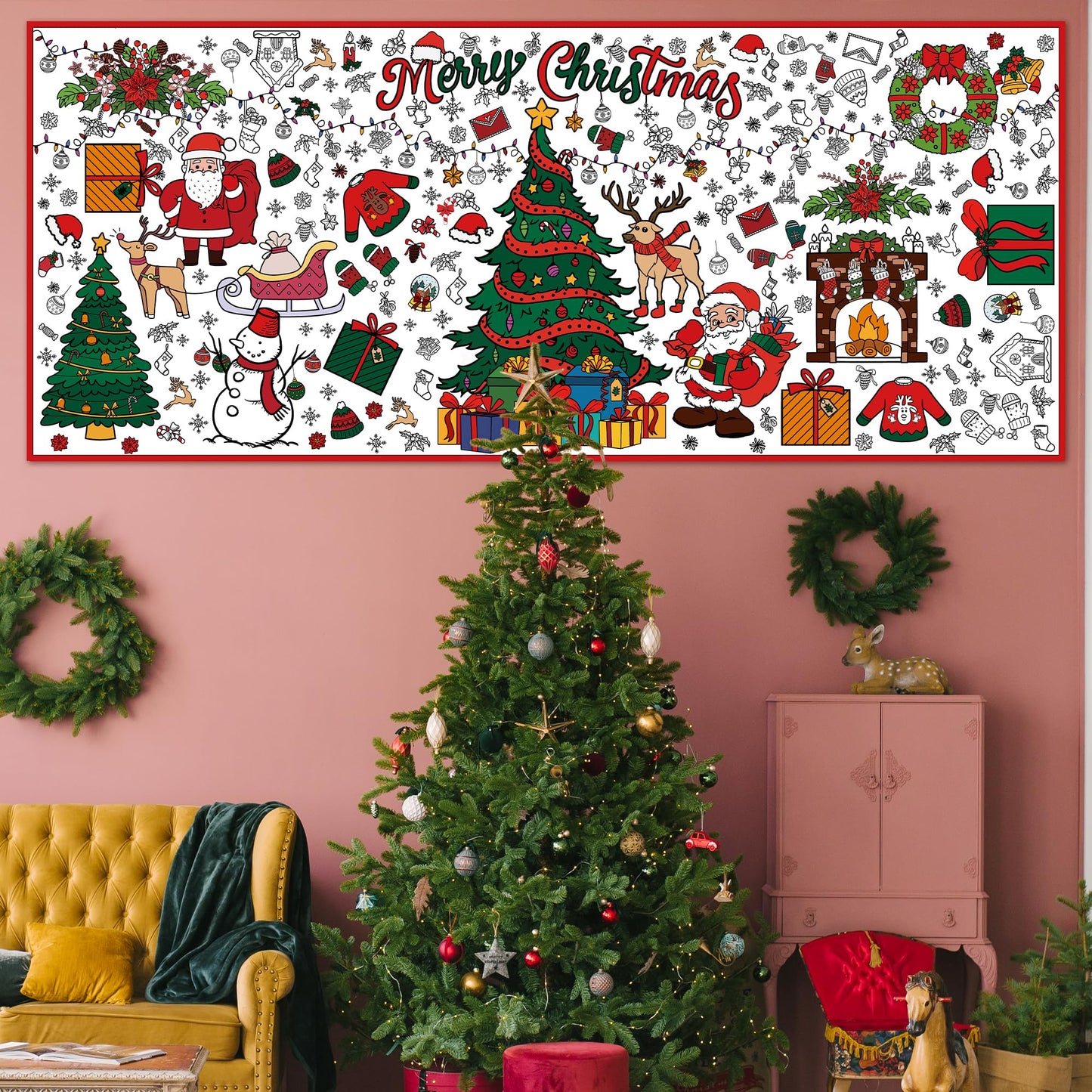 Xmas Giant Coloring Poster/Tablecloth-Christmas Crafts for Kids-30 x 72 Inches Jumbo Paper Coloring