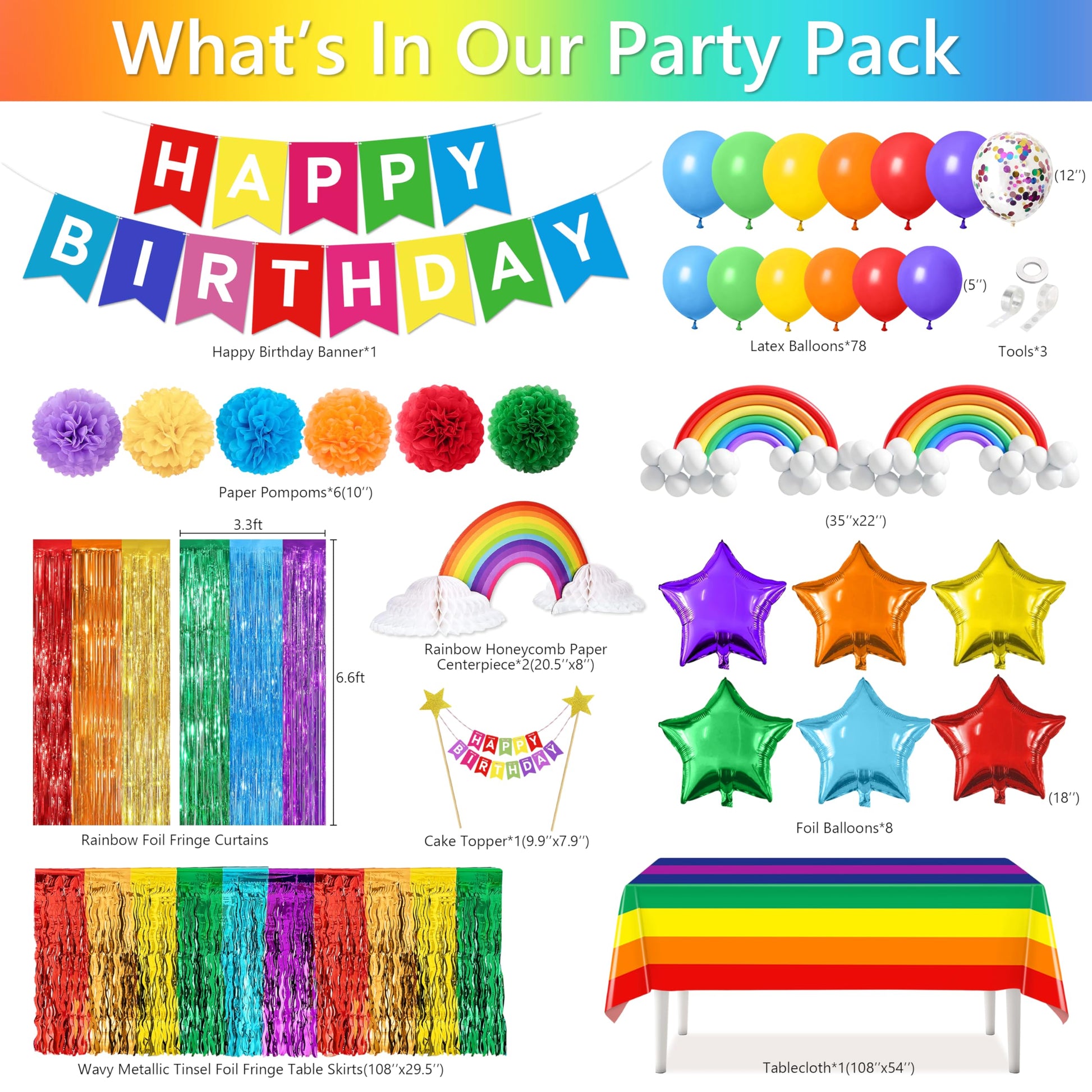 THAWAY 104Pcs Rainbow Birthday Party Decorations Set