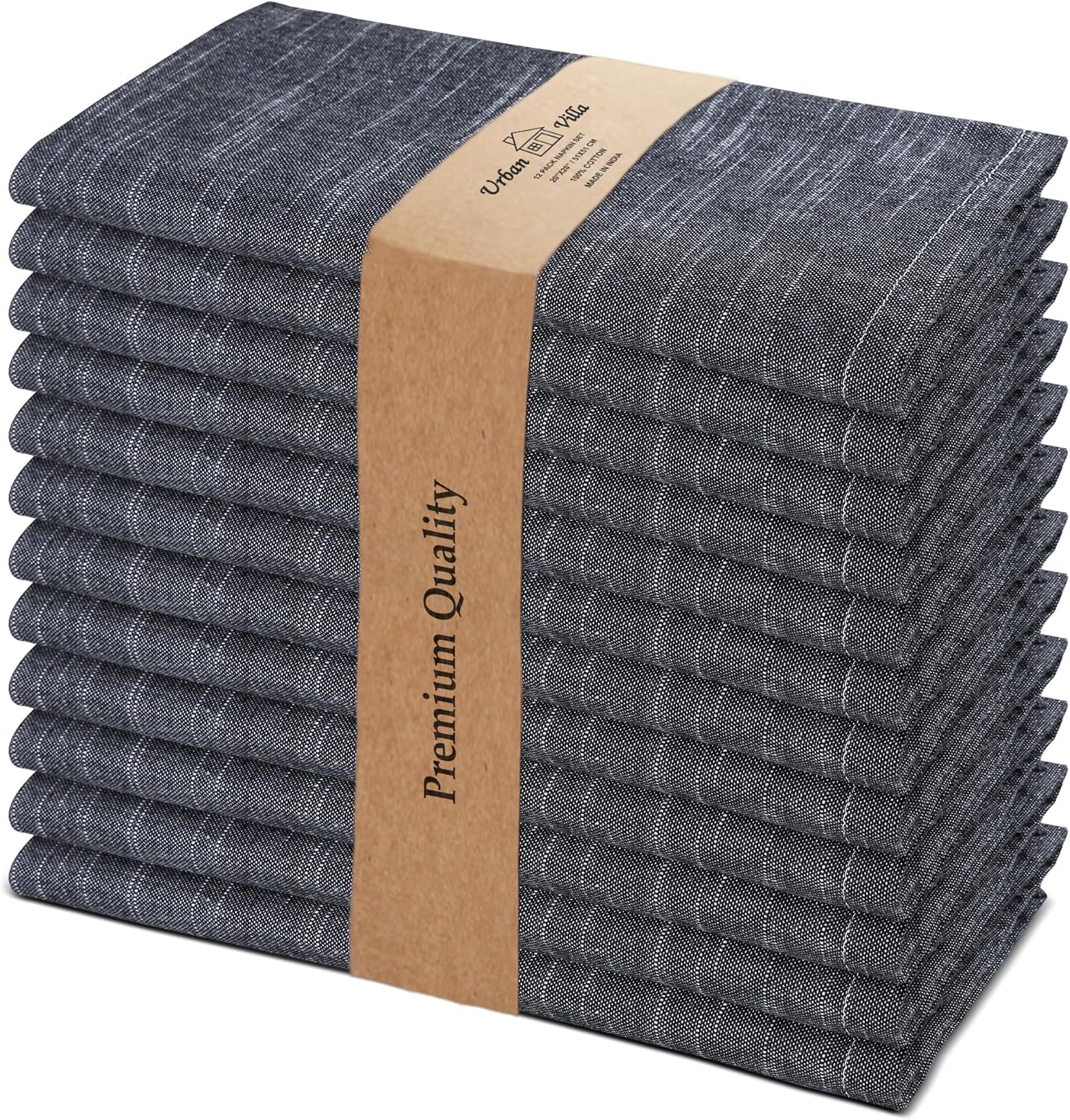 Urban Villa Dinner Napkins Black White Chambray Cloth Napkins (Set of 12) Oversized 20x20 Inches100% Cotton Slub Premium Quality Soft Durable Mitered Corners Reusable Washable Everyday Use Napkins