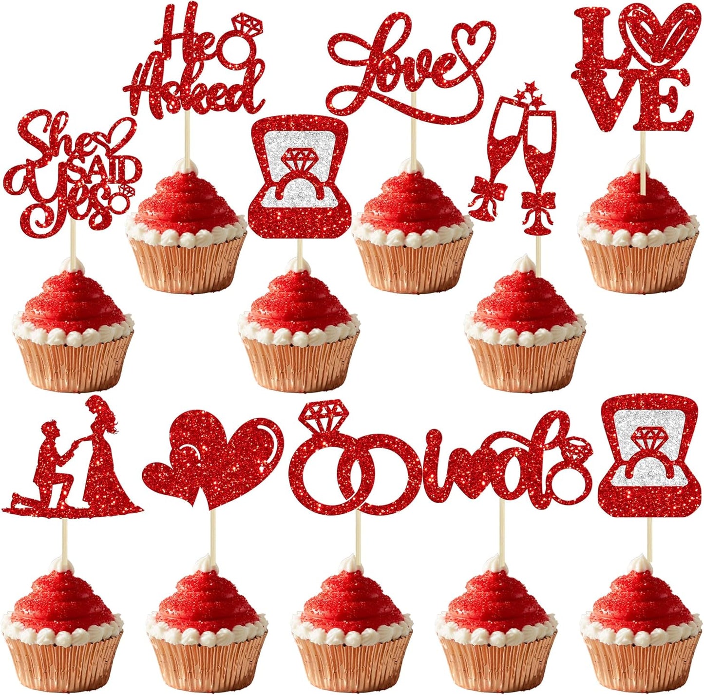 Ephlyn 30Pcs He Asked She Said Yes Cupcake Toppers Glitter Engagement Cupcake Toppers Diamond Ring Heart Love I Do Cupcake Picks for Engagement Wedding Party Cake Decorations Red