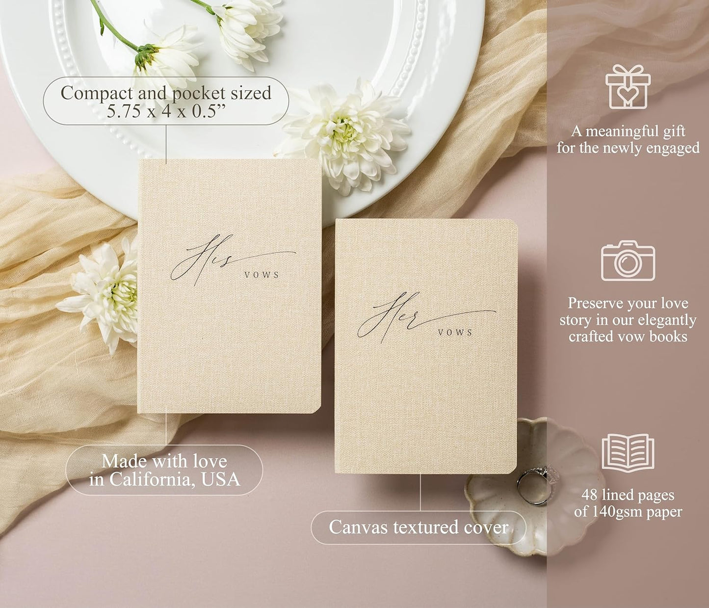 Slim Vow Books (Set of 2 - Design 5) - Soft Cream Canvas Linen Textured Cover Wedding Vow Booklets, Ceremony Speech Promise Notebook Journal, Gift for Newly Engaged Couple, 48 Lined Pages, 5.75" x 4"