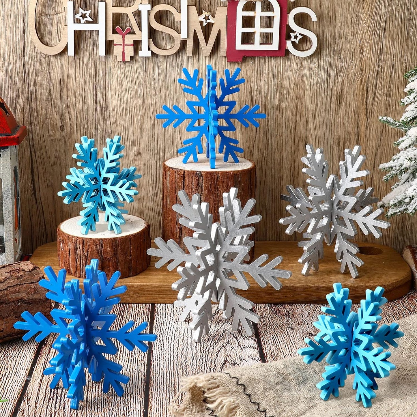 Bucherry 12 Pcs Wooden Snowflake Table Decor 3D Snowflake Tabletop Signs and Centerpiece for Christmas Xmas Winter Wonderland Decorations Home Party(Silver)