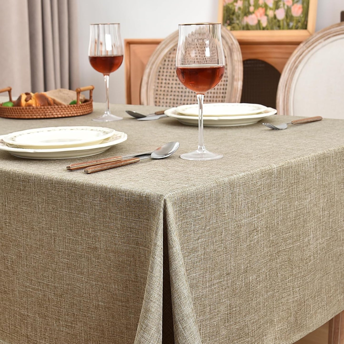 Fitable Faux Linen Table Clothes 60 x 84 Inch - 2 Pack Khaki Tablecloths for Rectangle Tables, Faux Burlap Table Covers for Kitchen Dining, Party, Farmhouse, Baby Shower