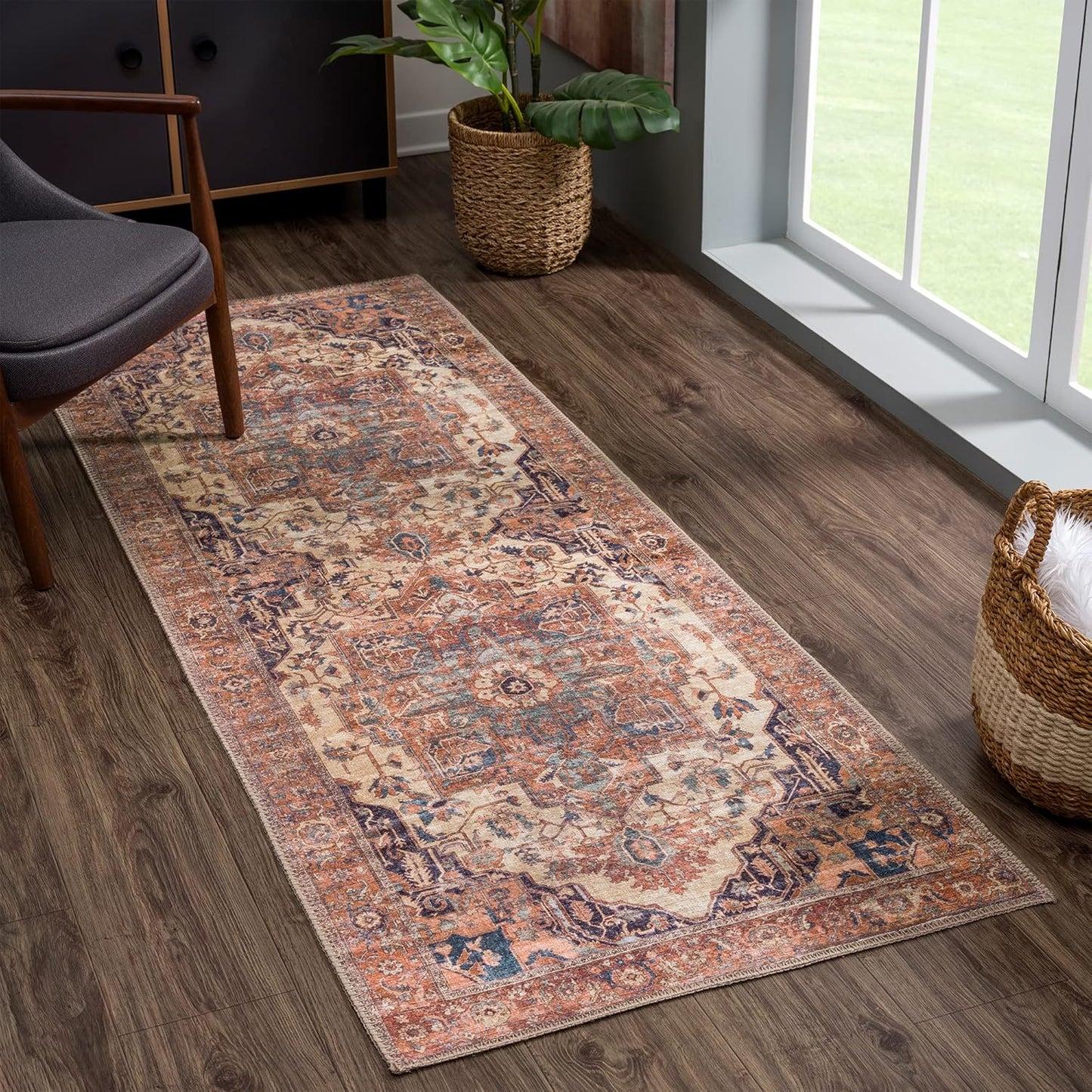 Bloom Rugs Washable 7 ft Runner - Beige/Terracotta Traditional Runner for Entryway, Hallway, Bathroom, and Kitchen - Exact Size: 2.5' x 7'