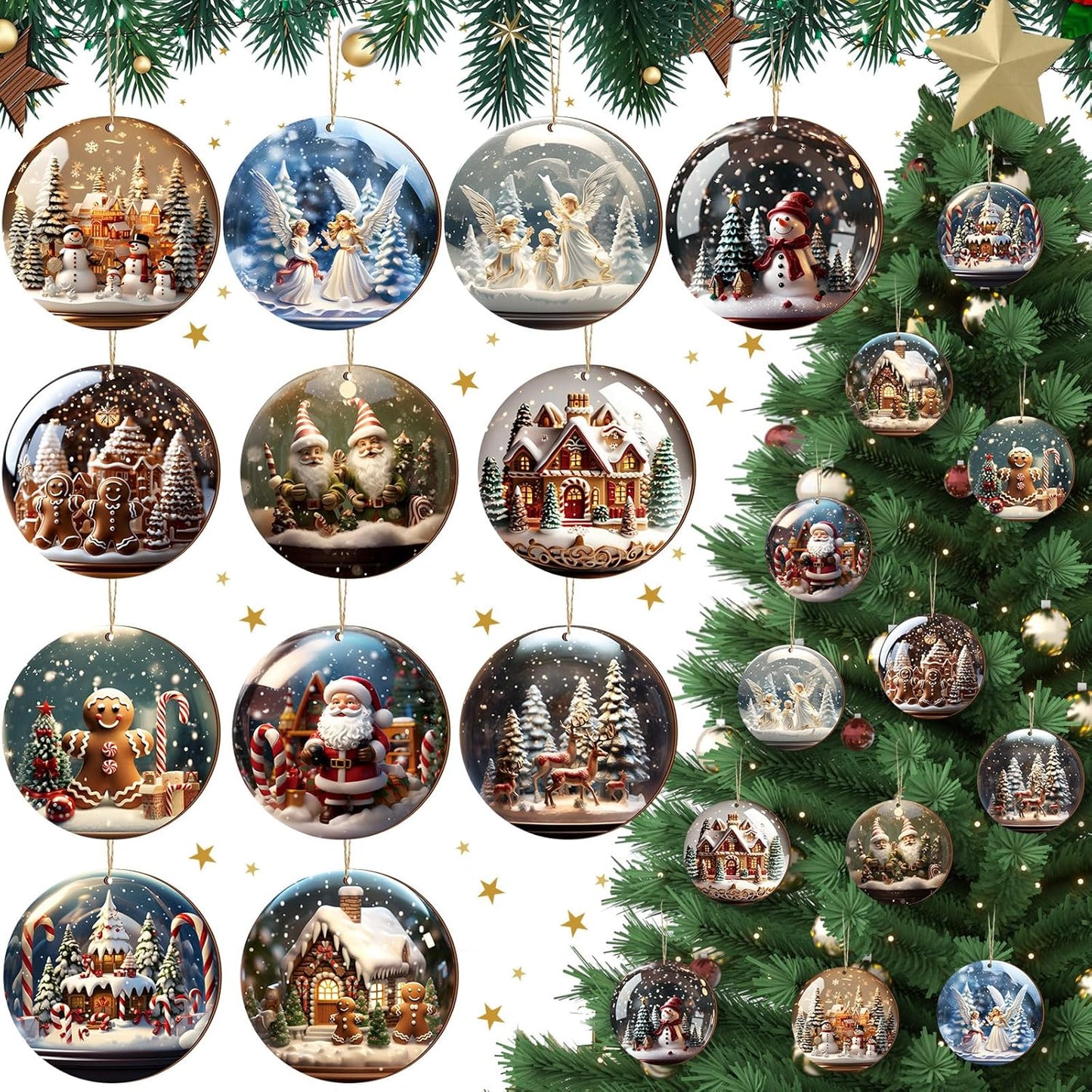 Suzile 36 Pcs Christmas Wooden Ornaments Vintage Round Christmas Tree Decoration Wooden Santa Claus Gingerbread Man Ornaments for Tree Winter Hanging Decoration for Xmas Farmhouse Home Party